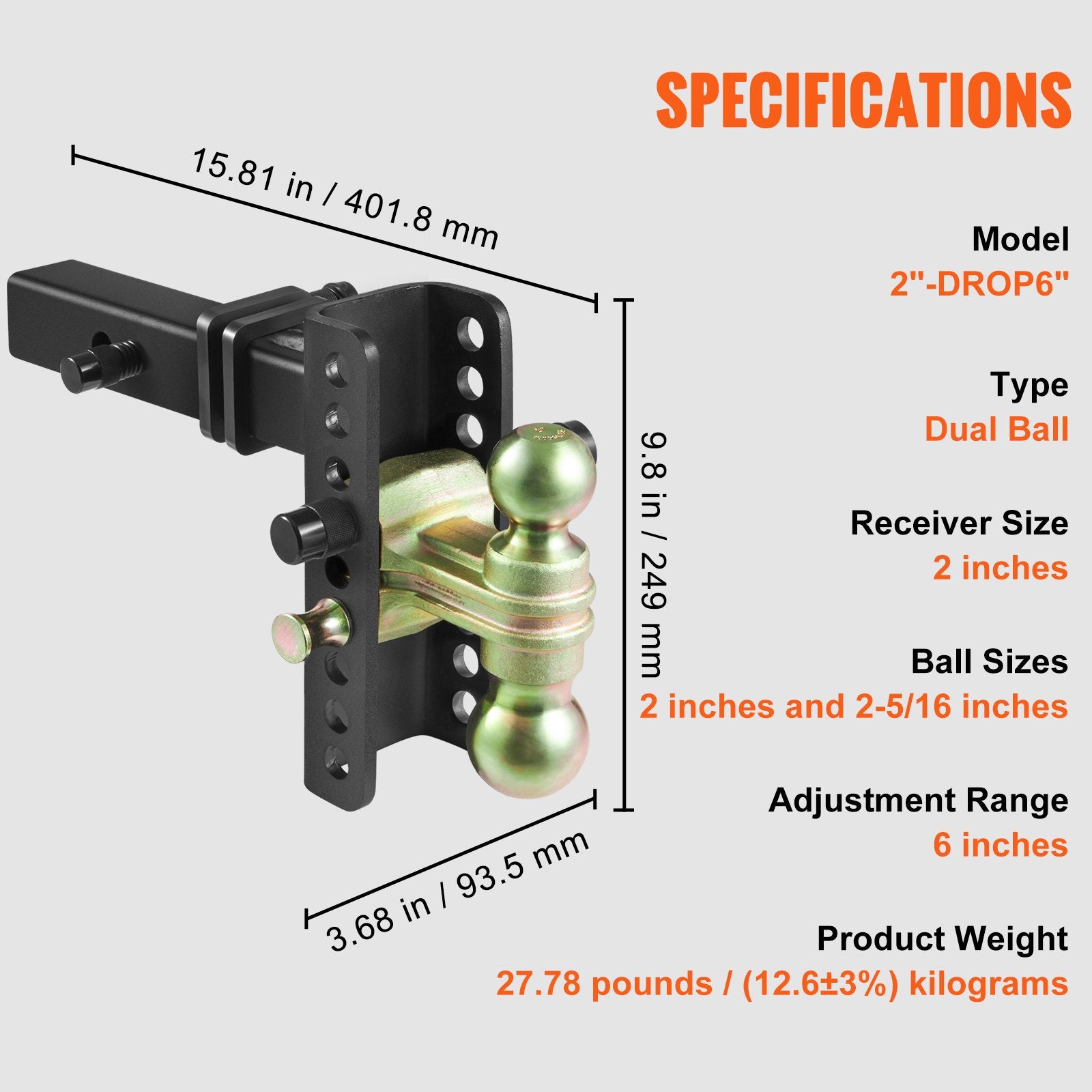VEVOR Adjustable Trailer Hitch, 152.4 mm Drop & 114.3 mm Rise Hitch Ball Mount with 50.8 mm Receiver, Solid Tube, 6350 kg GTW, 50.8 mm and 58.7 mm 45# Steel Tow Balls with Key Lock for Truck Towing 6