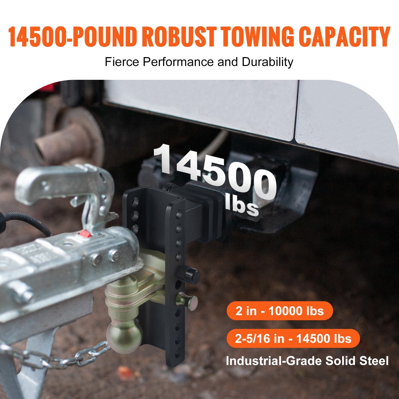 VEVOR Adjustable Trailer Hitch, 203.2 mm Drop & 165.1 mm Rise Hitch Ball Mount with 63.5 mm Receiver, Solid Tube, 6577 kg GTW, 50.8 mm & 58.7 mm 45# Steel Tow Balls with Key Lock for Truck Towing 3