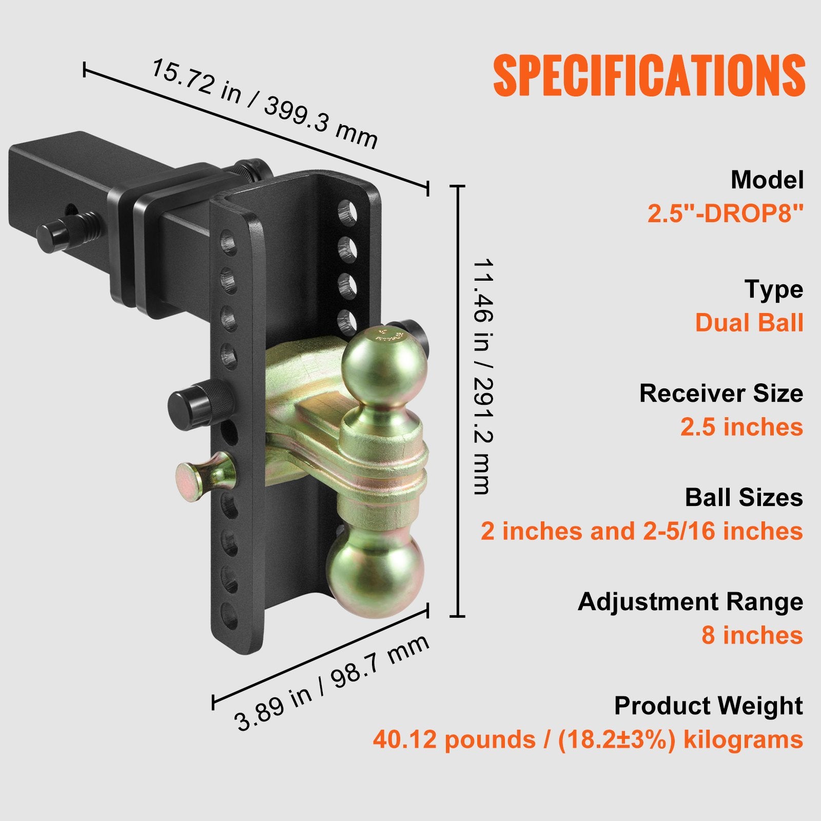 VEVOR Adjustable Trailer Hitch, 203.2 mm Drop & 165.1 mm Rise Hitch Ball Mount with 63.5 mm Receiver, Solid Tube, 6577 kg GTW, 50.8 mm & 58.7 mm 45# Steel Tow Balls with Key Lock for Truck Towing 6