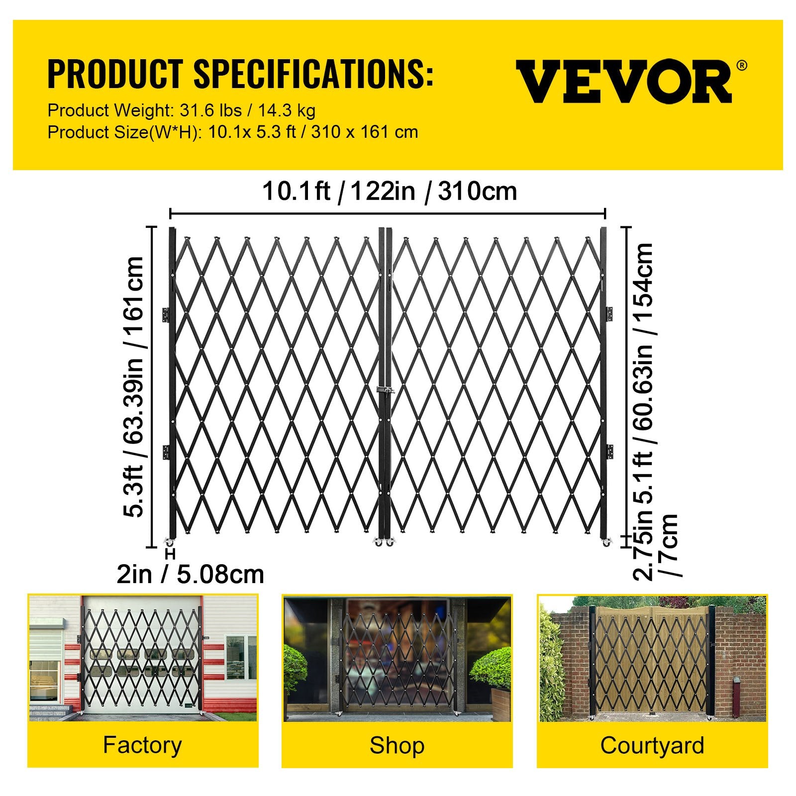 VEVOR Double Folding Security Gate Folding Door Gate 5.1' H x 10.2' W Scissor Gate 7