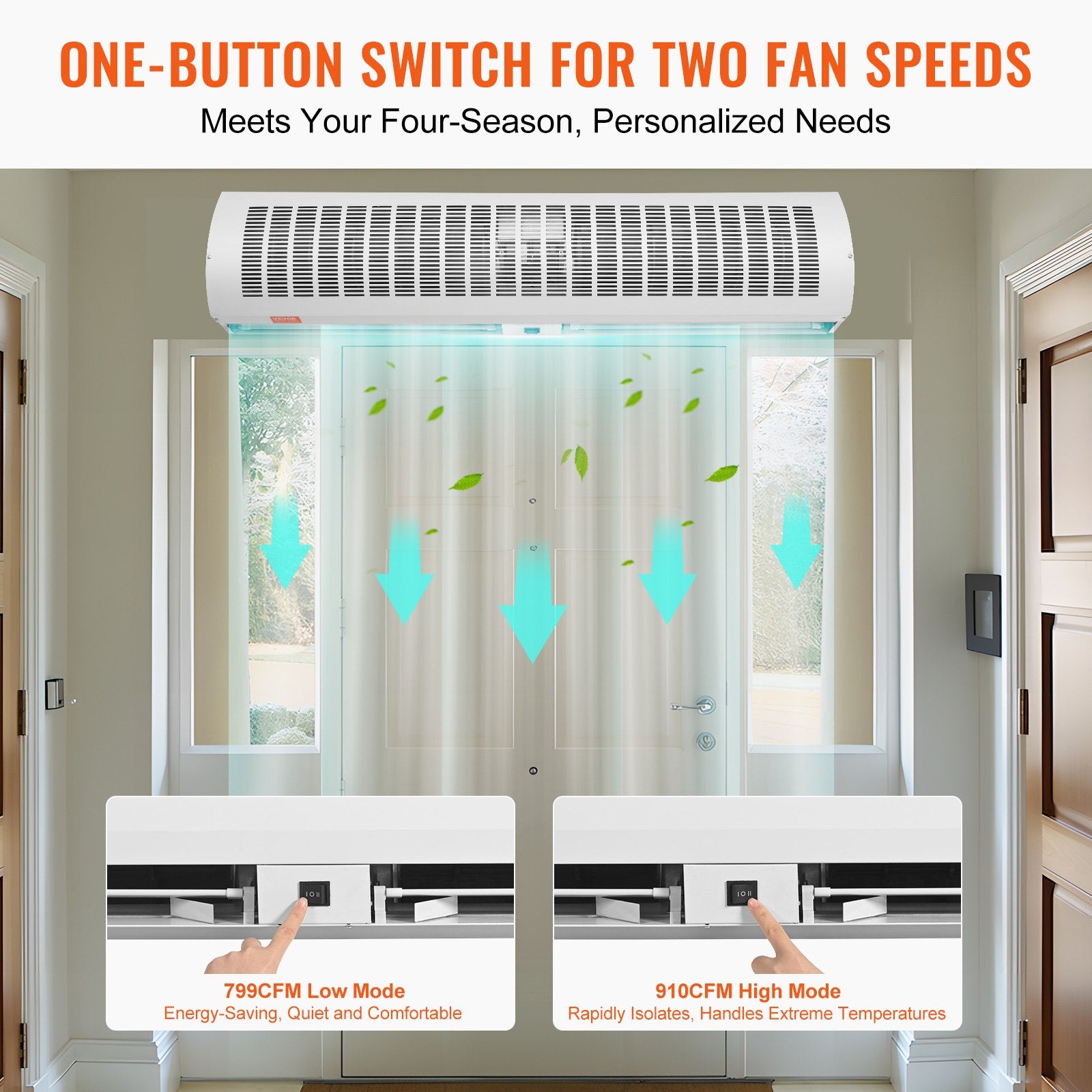 VEVOR 1.1m Commercial Indoor Air Curtain Super Power 2 Speeds 2292m_/h, UL Certified Wall Mounted Air Curtains for Doors, Indoor Over Door Fan with Heavy Duty Limit Switch, Easy-Install Unheated 4