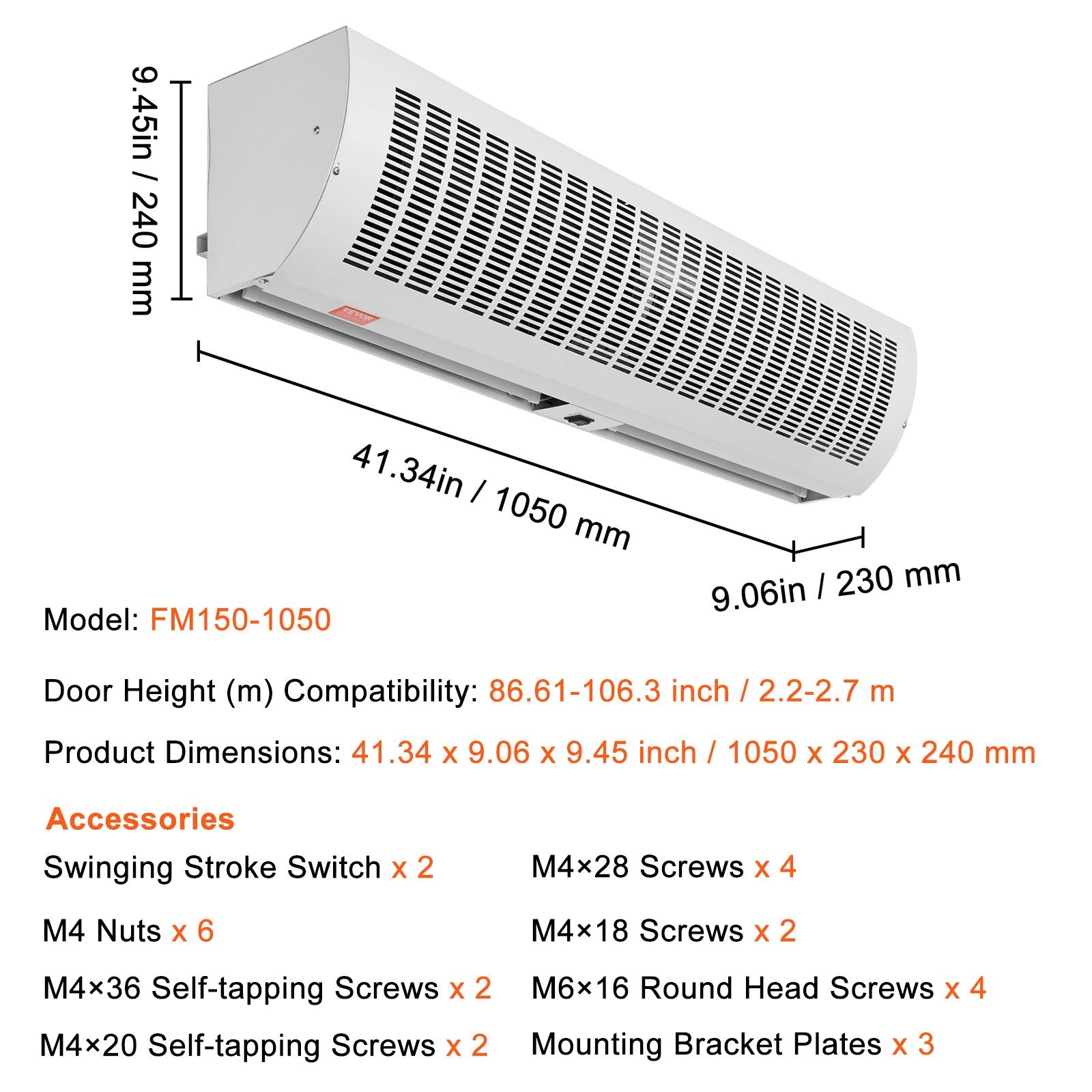 VEVOR 1.1m Commercial Indoor Air Curtain Super Power 2 Speeds 2292m_/h, UL Certified Wall Mounted Air Curtains for Doors, Indoor Over Door Fan with Heavy Duty Limit Switch, Easy-Install Unheated 7