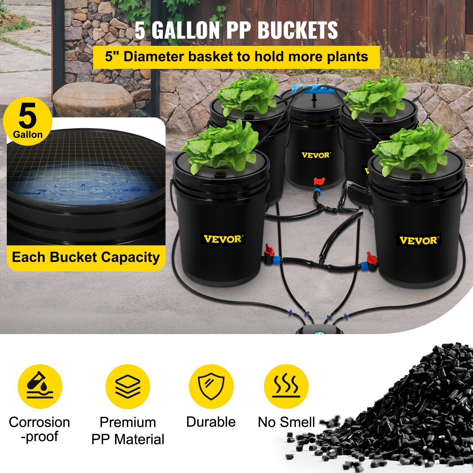 VEVOR DWC Hydroponic System, 5 Gallon 5 Buckets, Deep Water Culture Growing Bucket, Hydroponics Grow Kit with Pump, Air Stone and Connected Reservoir, for Indoor/Outdoor Leafy Vegetables 3