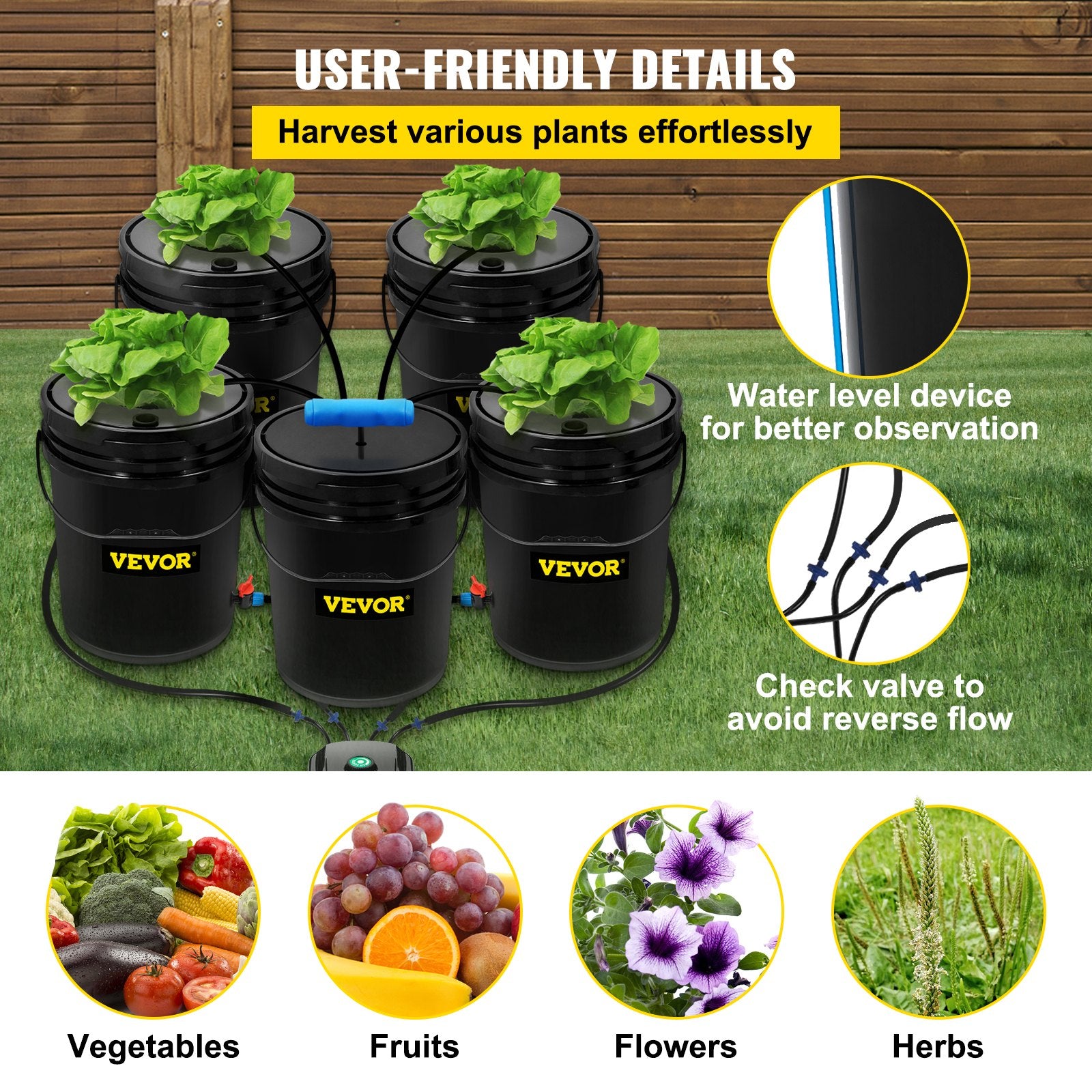 VEVOR DWC Hydroponic System, 5 Gallon 5 Buckets, Deep Water Culture Growing Bucket, Hydroponics Grow Kit with Pump, Air Stone and Connected Reservoir, for Indoor/Outdoor Leafy Vegetables 5