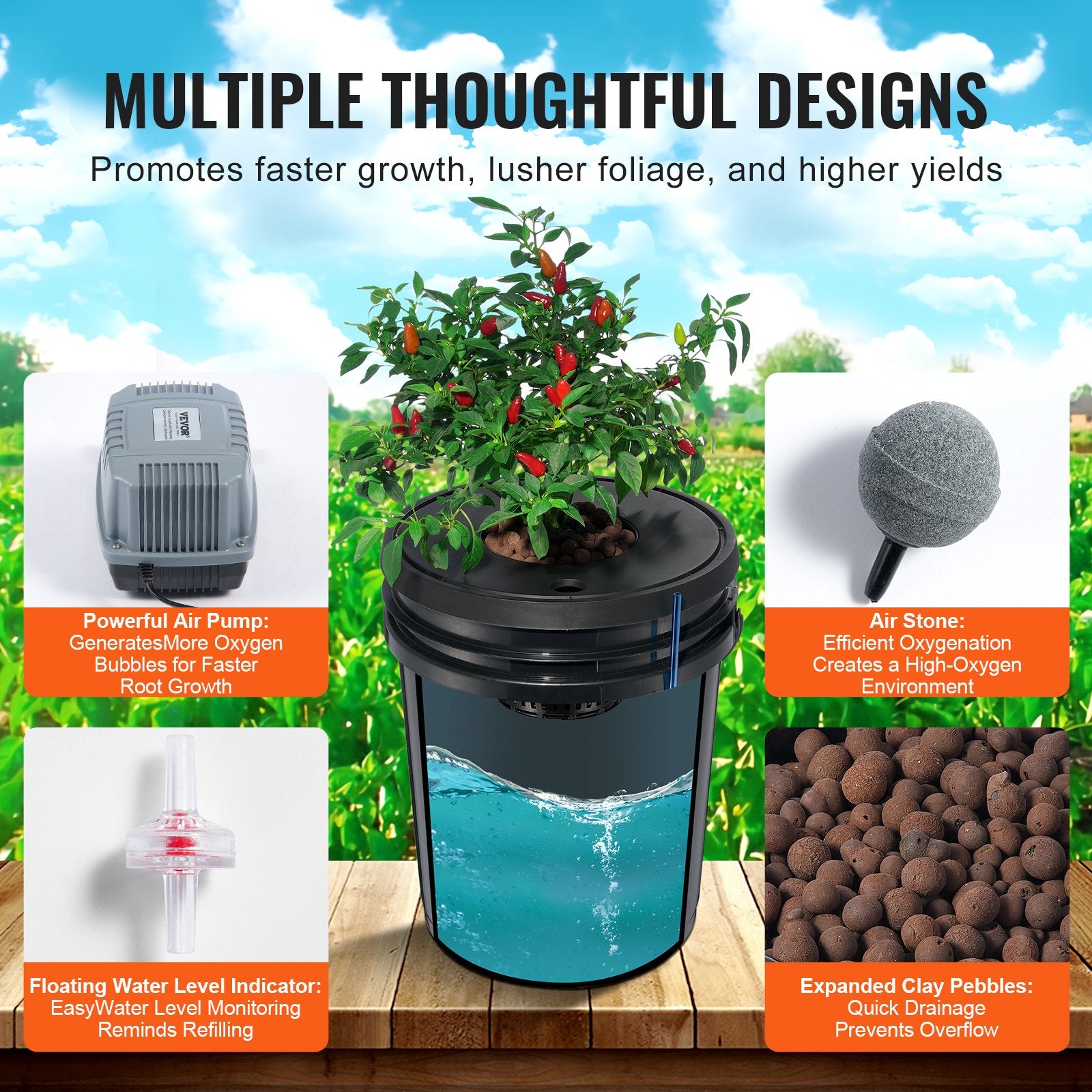 VEVOR DWC Hydroponics Grow System Deep Water Culture 8 Buckets with Air Pump 3