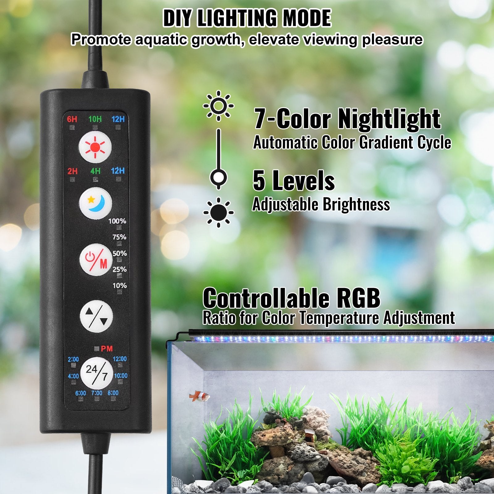 VEVOR Aquarium Light, 14W Full Spectrum Fish Tank Light with 24/7 Natural Mode, Adjustable Timer & 5-Level Brightness, with Aluminum Alloy Shell Extendable Brackets for 12"-18" Freshwater Planted Tank 3