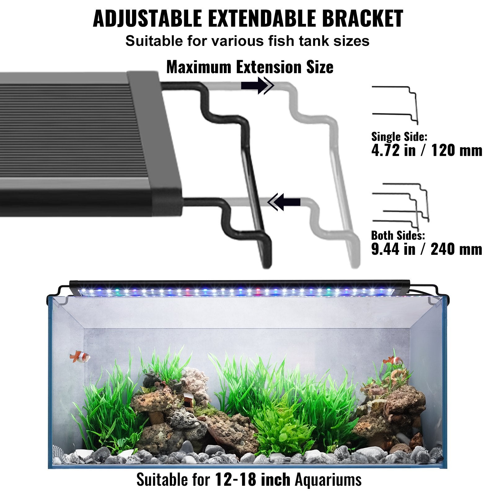 VEVOR Aquarium Light, 14W Full Spectrum Fish Tank Light with 24/7 Natural Mode, Adjustable Timer & 5-Level Brightness, with Aluminum Alloy Shell Extendable Brackets for 12"-18" Freshwater Planted Tank 6