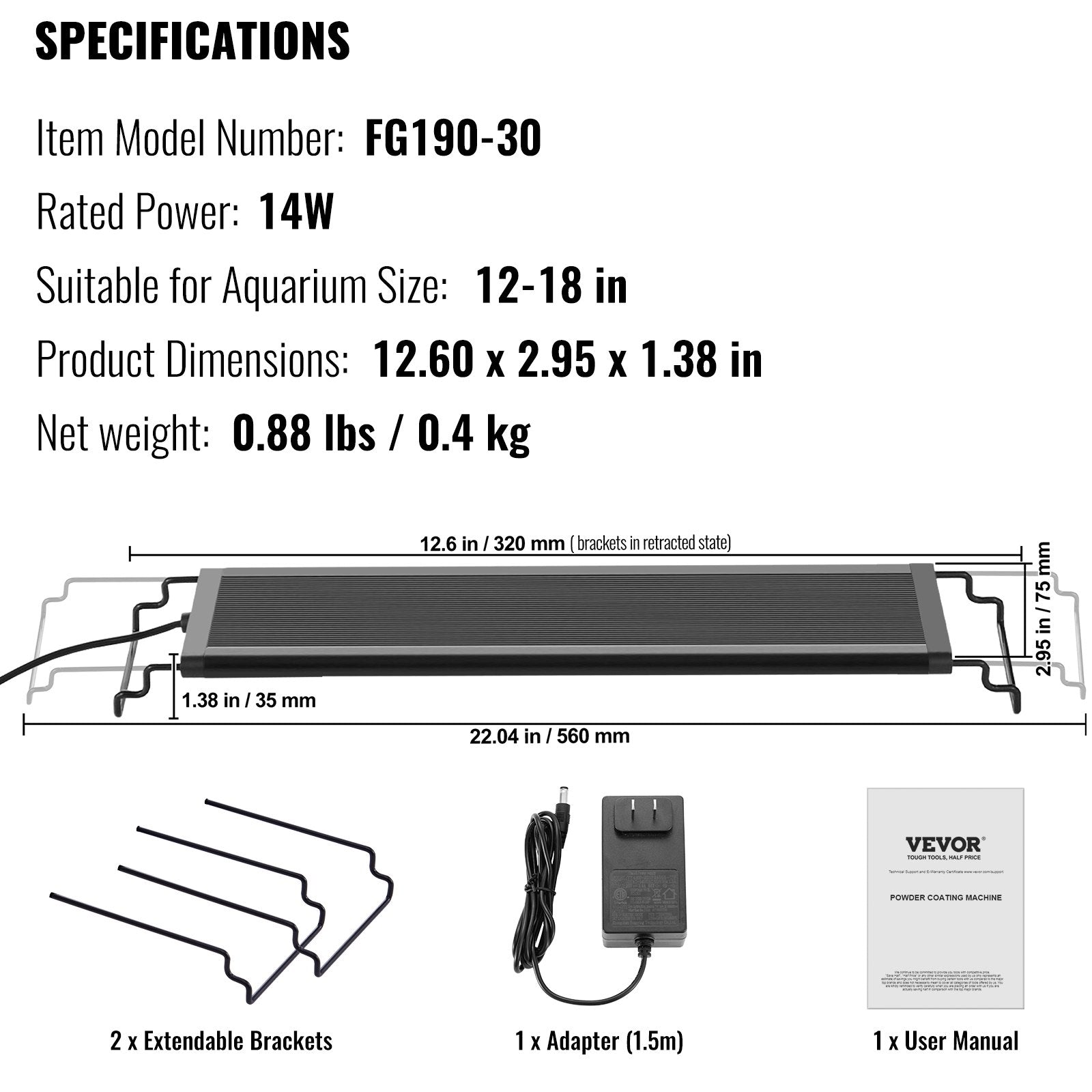 VEVOR Aquarium Light, 14W Full Spectrum Fish Tank Light with 24/7 Natural Mode, Adjustable Timer & 5-Level Brightness, with Aluminum Alloy Shell Extendable Brackets for 12"-18" Freshwater Planted Tank 7