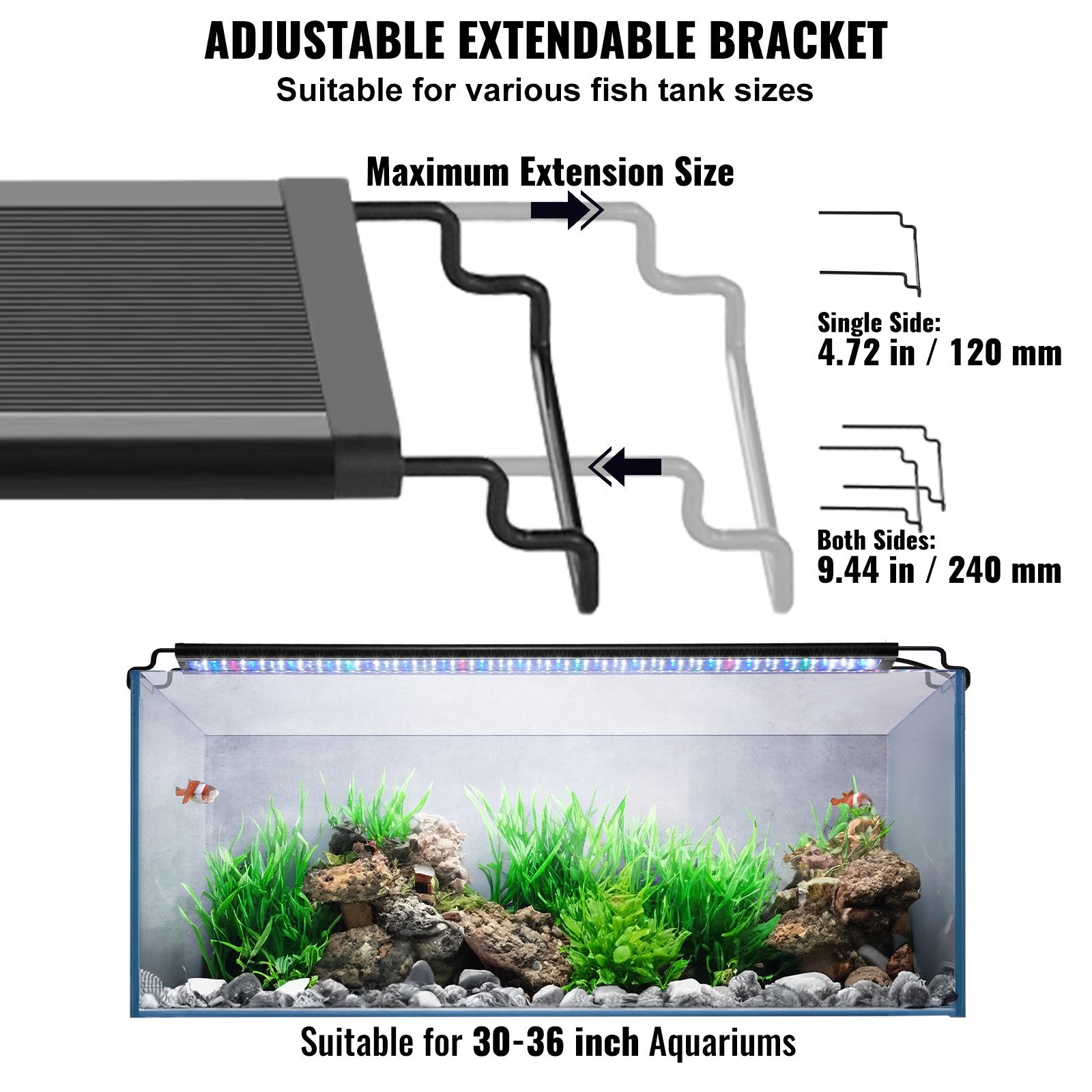 VEVOR Aquarium Light, 26W Full Spectrum Fish Tank Light with 24/7 Natural Mode, Adjustable Timer & 5-Level Brightness, with Aluminum Alloy Shell Extendable Brackets for 30"-36" Freshwater Planted Tank 6