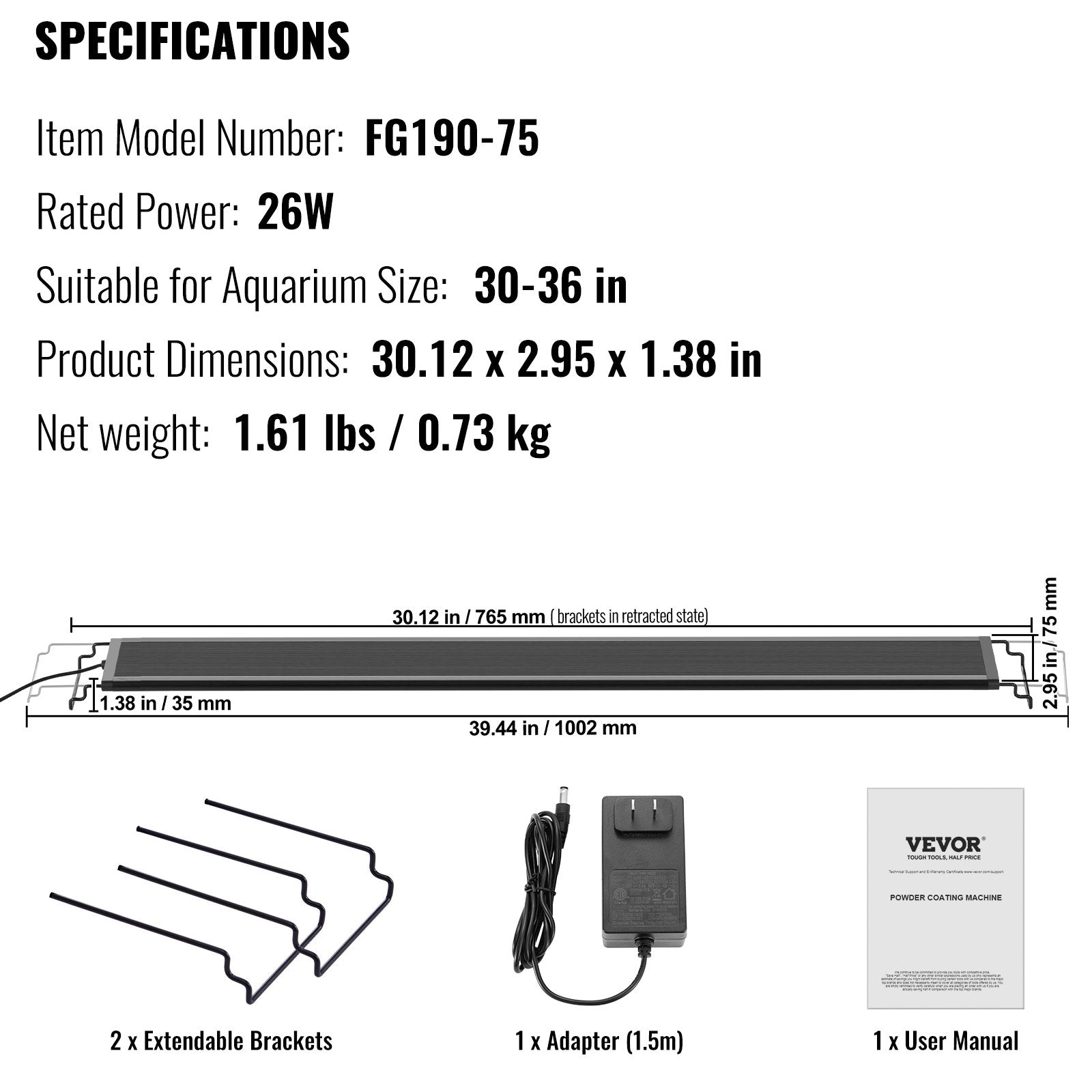 VEVOR Aquarium Light, 26W Full Spectrum Fish Tank Light with 24/7 Natural Mode, Adjustable Timer & 5-Level Brightness, with Aluminum Alloy Shell Extendable Brackets for 30"-36" Freshwater Planted Tank 7