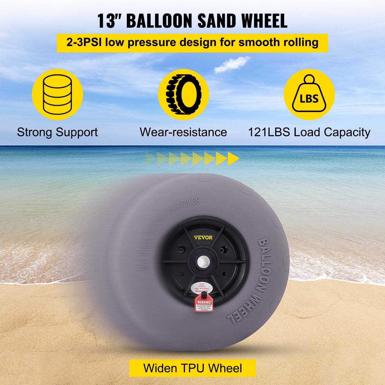 VEVOR Balloon Beach Wheels Replacement Beach Tires 13" TPU 121 LBS Load Capacity 4