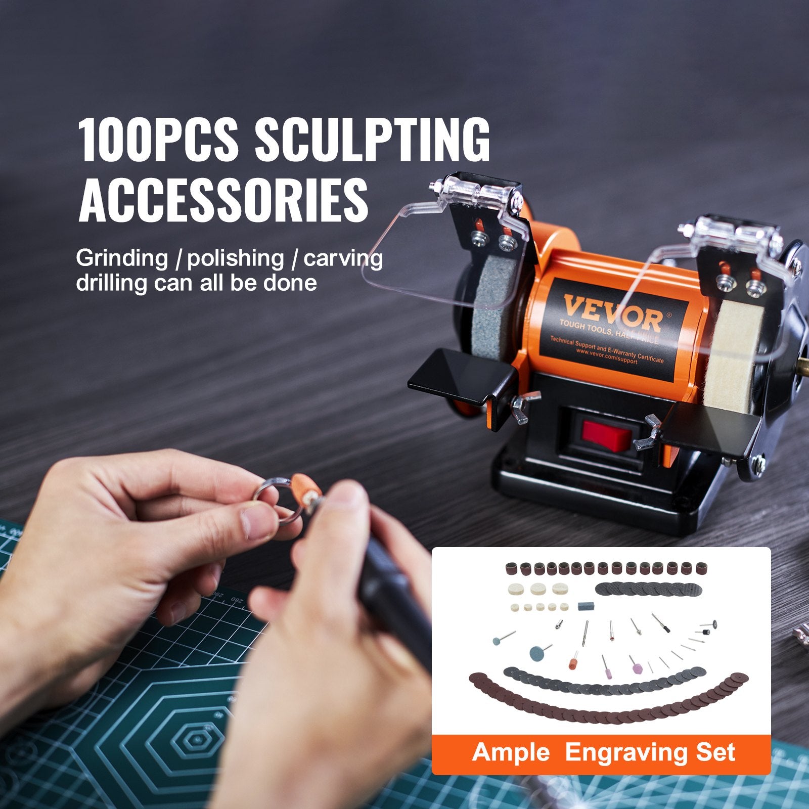 VEVOR Jewelry Polisher, Bench Grinder Polishing & Buffing Machine, 3590RPM Bench Lathe Polisher with 1 Wool Wheel & 1 Abrasive Fiber Wheel & 1 Grinding Wheel & 100pcs Tools 6