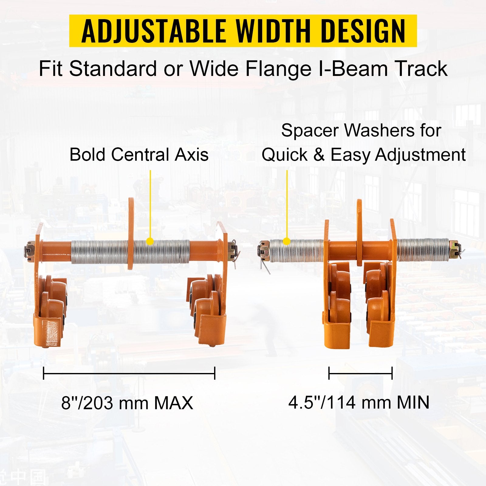 VEVOR Manual Trolley, 11000LBS/5 Ton Load Capacity Beam Trolley, 4.5-8 inch Adjustable Width Push Beam, Track Roller Trolley Powder Coating with Dual Wheels Garage Hoist for Straight Curved I Beam 3