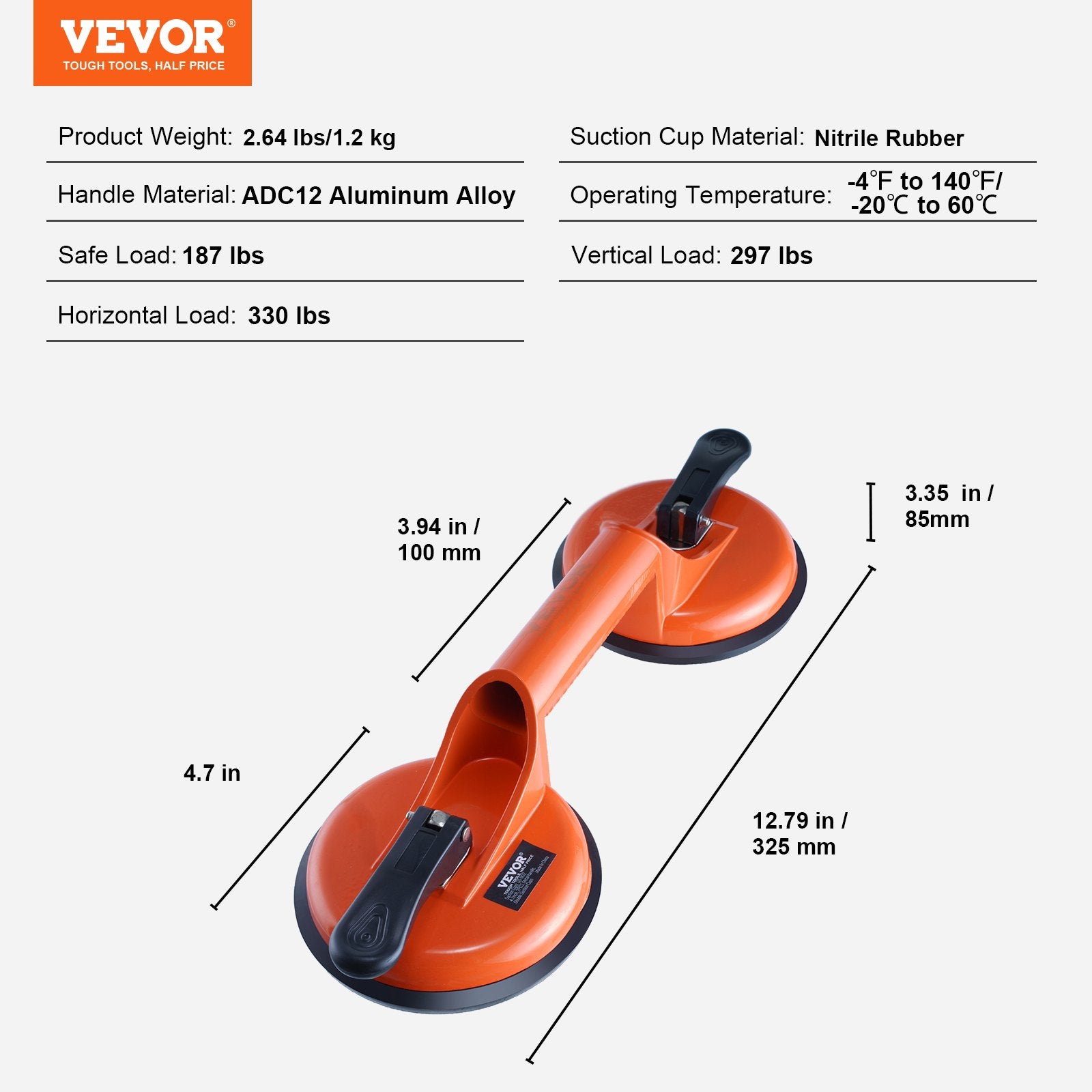 VEVOR Glass Suction Cup, 119 mm 2 Pack 150 kg Load Capacity, Vacuum Suction Cup with Aluminum Handle, Heavy Duty Industrial Suction Cup Lifter Tool for Glass, Granite, Tile, Metal, Wood Panel Lifting 7