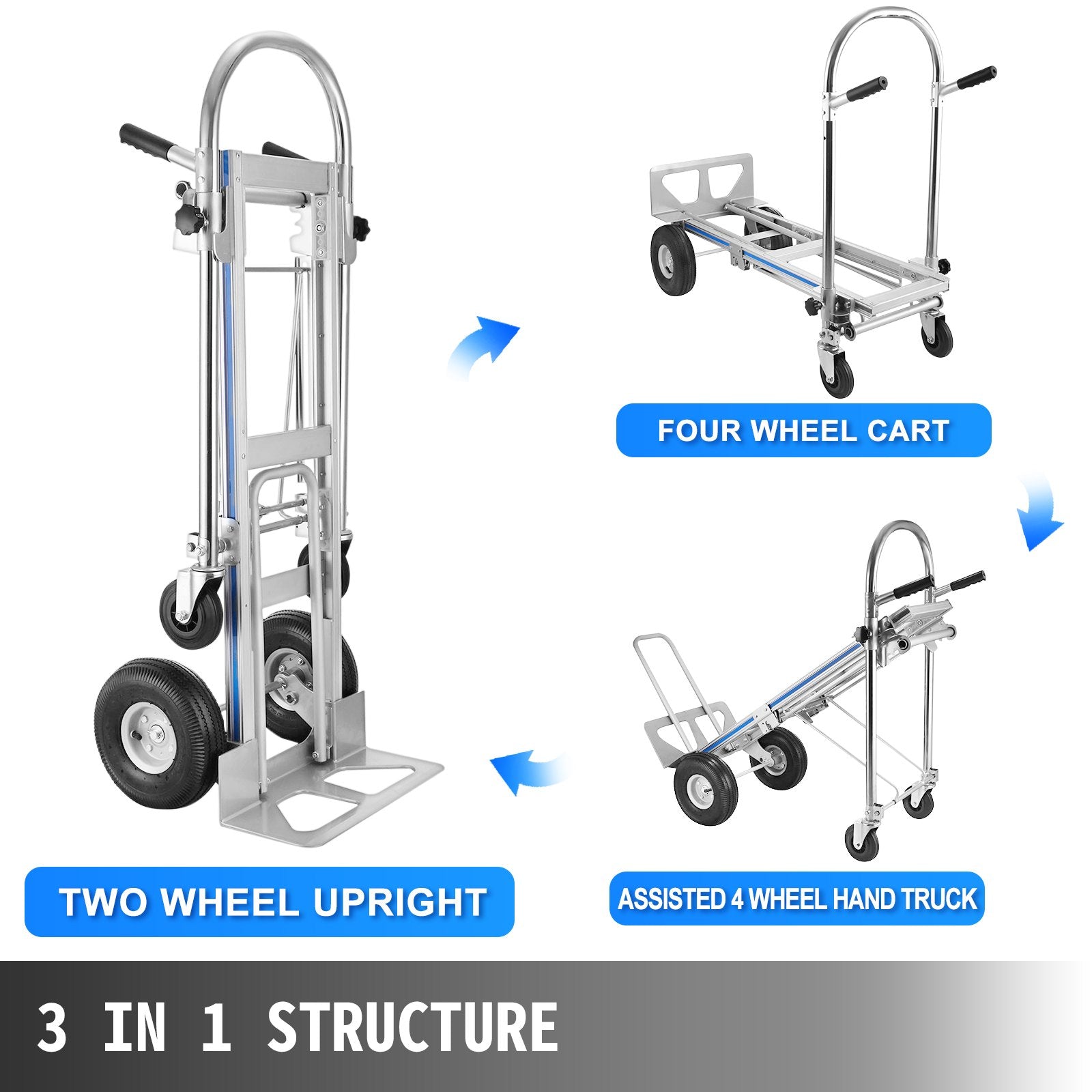 VEVOR Aluminum Hand Truck 3 in 1 Folding Hand Truck Convertible Hand Truck and Dolly 4