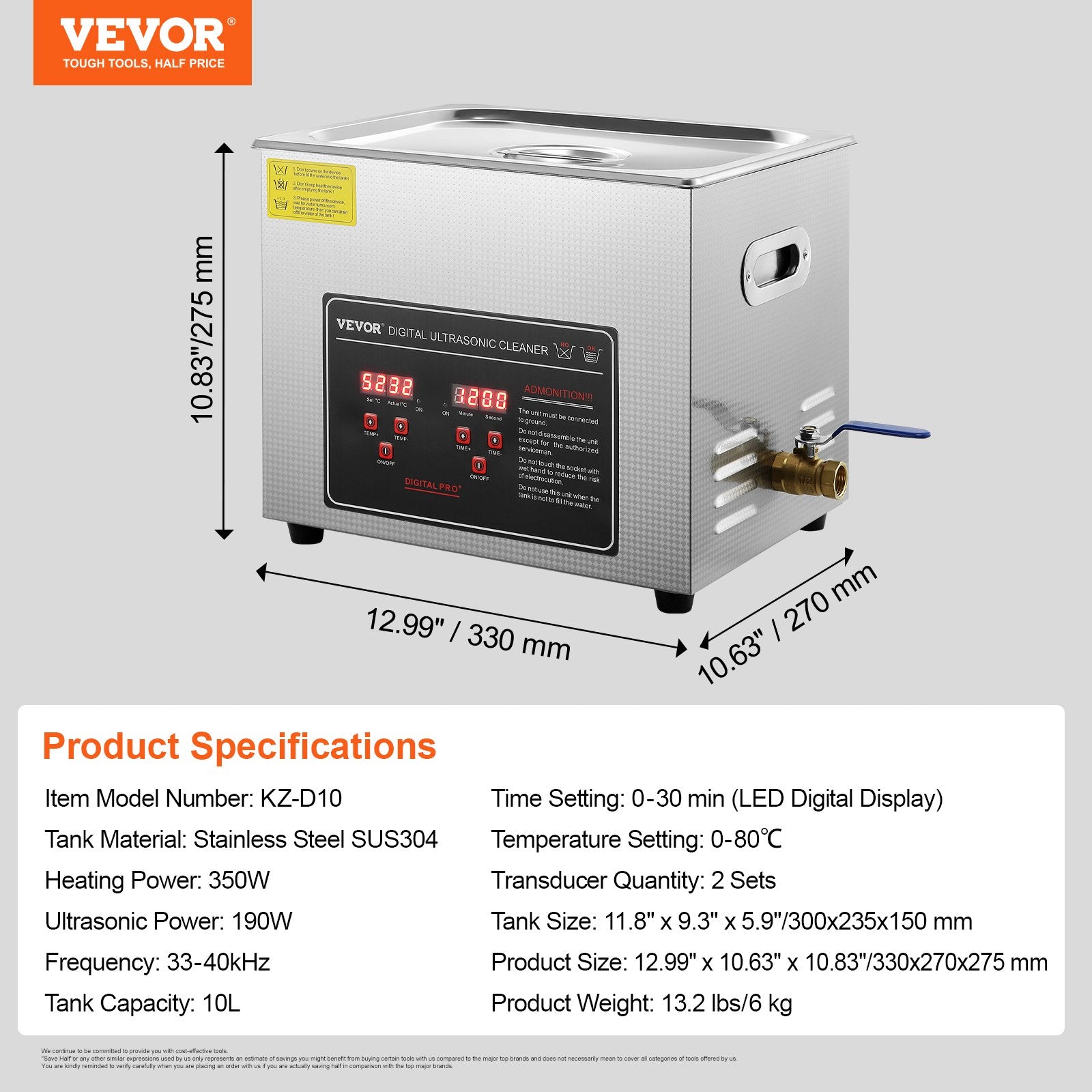 VEVOR Ultrasonic Cleaner with Digital Timer & Heater, Professional Ultra Sonic Jewelry Cleaner, Stainless Steel Heated Cleaning Machine for Glasses Watch Rings Small Parts Circuit Board (10L) 7