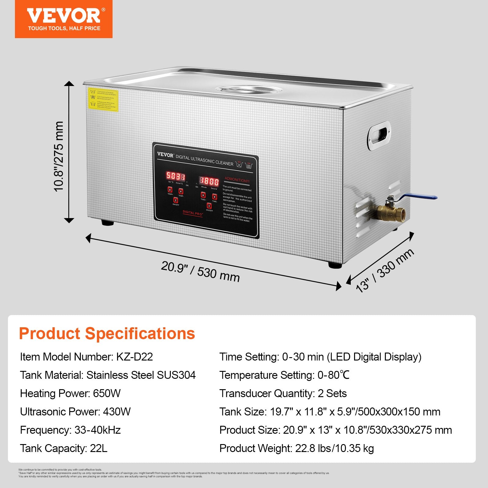 VEVOR 22L Ultrasonic Cleaner with Timer Heating Machine Digital Sonic Cleaner 7