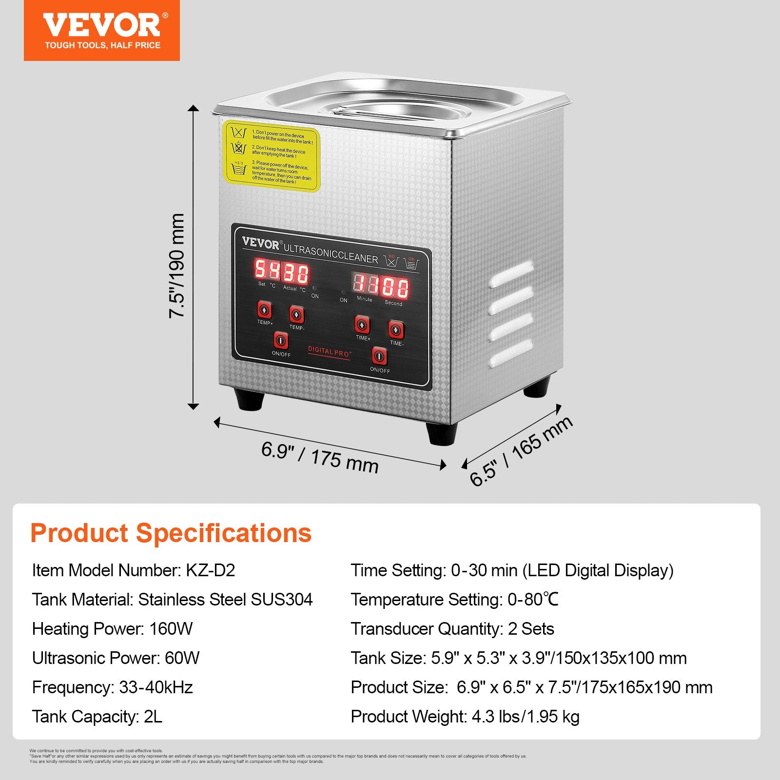 VEVOR Ultrasonic Cleaner with Digital Timer & Heater, Professional Ultra Sonic Jewelry Cleaner, Stainless Steel Heated Cleaning Machine for Glasses Watch Rings Small Parts Circuit Board (2L) 7
