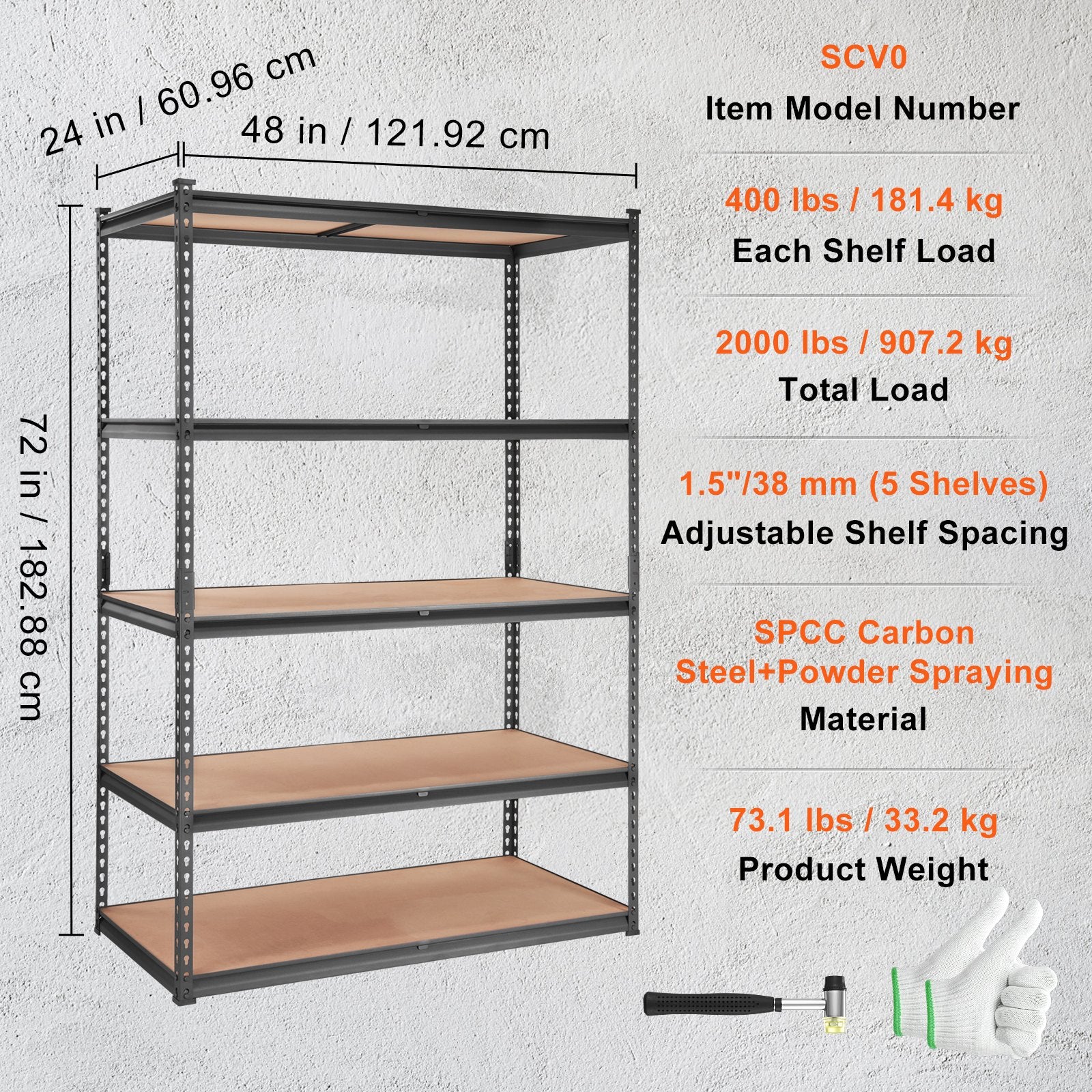 VEVOR Storage Shelving Unit, 5-Tier Adjustable, 907 kg Capacity, Heavy Duty Garage Shelves Metal Organizer Utility Rack, Black, 122L x 61W x 183H cm for Kitchen Pantry Basement Bathroom Laundry Closet 7