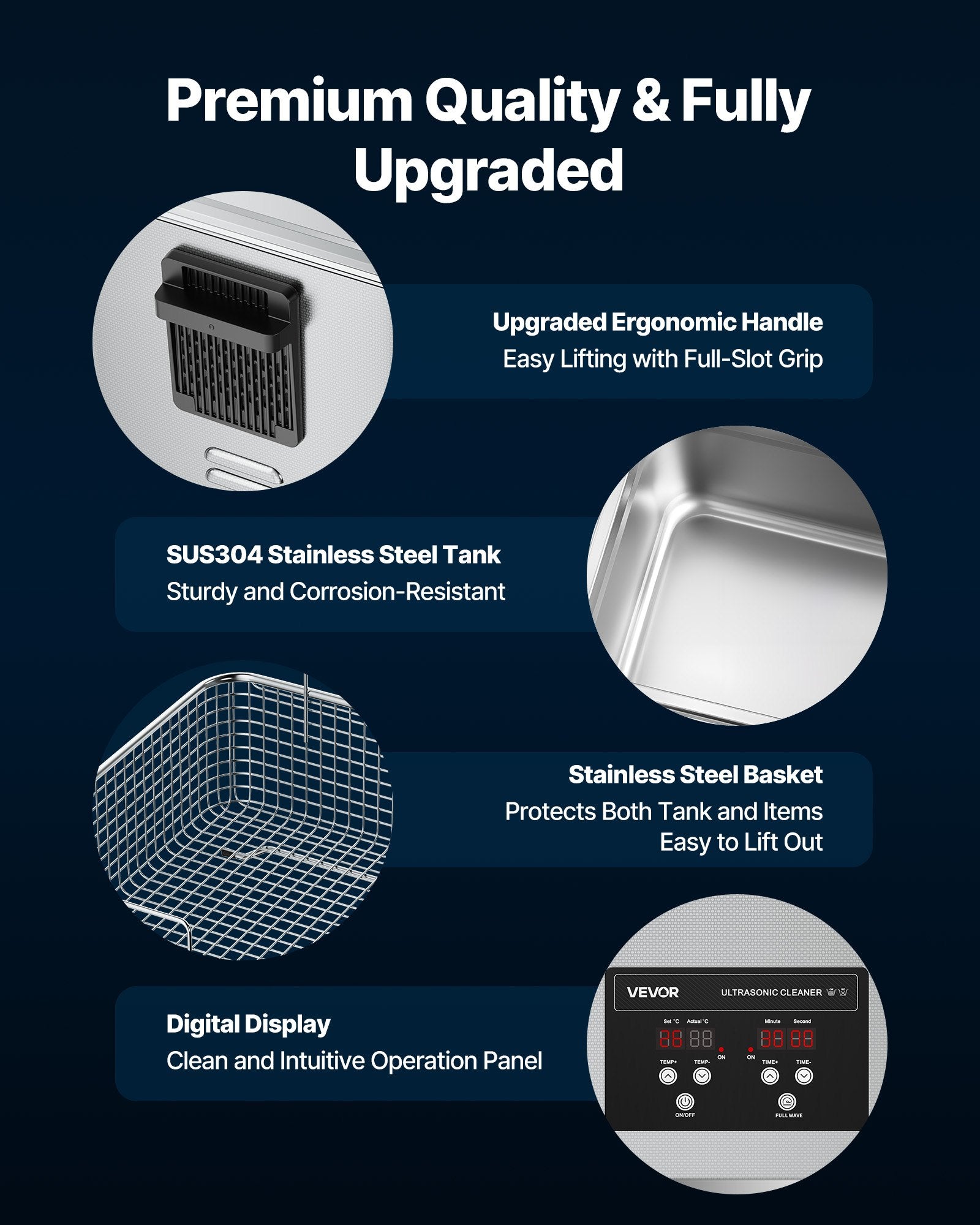 VEVOR 10L Ultrasonic Cleaner, Professional Ultrasonic Cleaner Machine with Cleaning Basket & Digital Display, 180W Stainless Steel 40kHz Cleaning Machine for Watches, Razors, Jewelry, Coins, and More 5