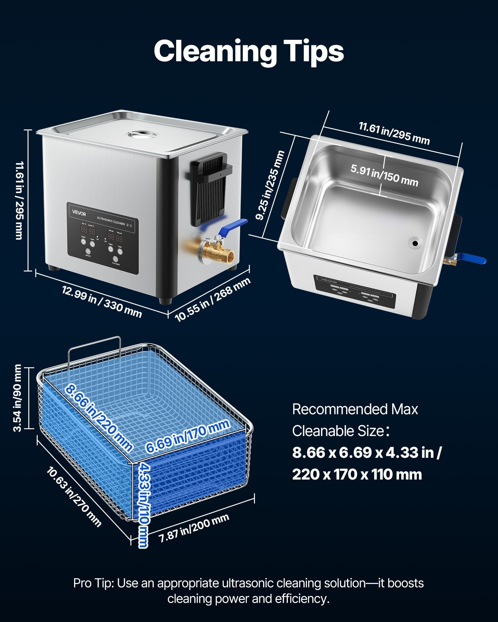 VEVOR 10L Ultrasonic Cleaner, Professional Ultrasonic Cleaner Machine with Cleaning Basket & Digital Display, 180W Stainless Steel 40kHz Cleaning Machine for Watches, Razors, Jewelry, Coins, and More 7