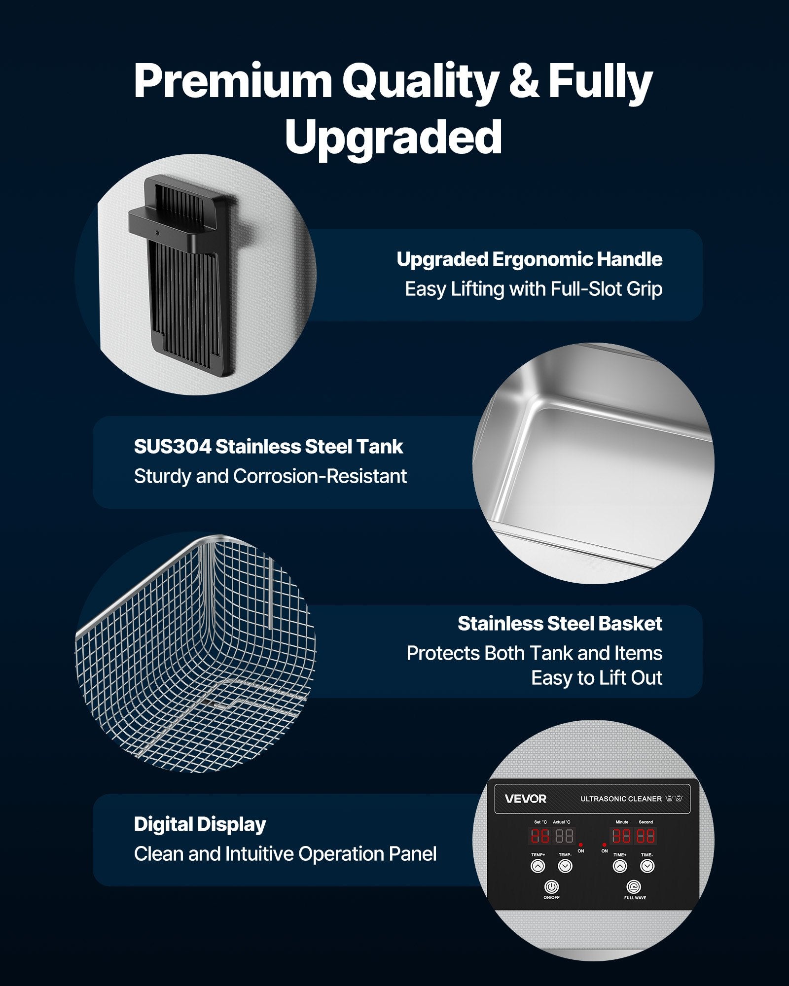 VEVOR 30L Ultrasonic Cleaner, Professional Ultrasonic Cleaner Machine with Cleaning Basket & Digital Display, 480W Stainless Steel 40kHz Industrial Cleaning Machine for Parts, Carburetors, Instruments 5