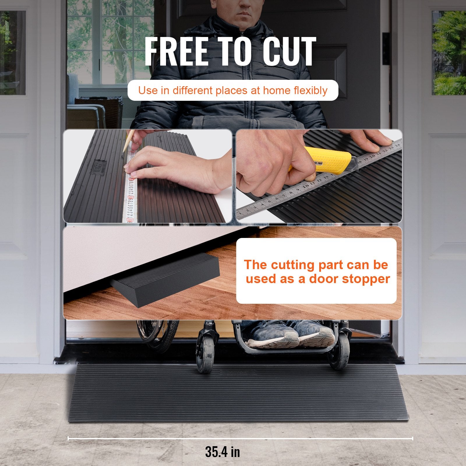 VEVOR 4 cm Rise Cuttable Threshold Ramp for Sweeping Robot, 90 cm Wide Natural Rubber Wheelchair Ramp, Non-Slip Solid Rubber Ramp with Double-Sided Tape for Doorways, Driveways, Bathroom, Smooth Tile 5