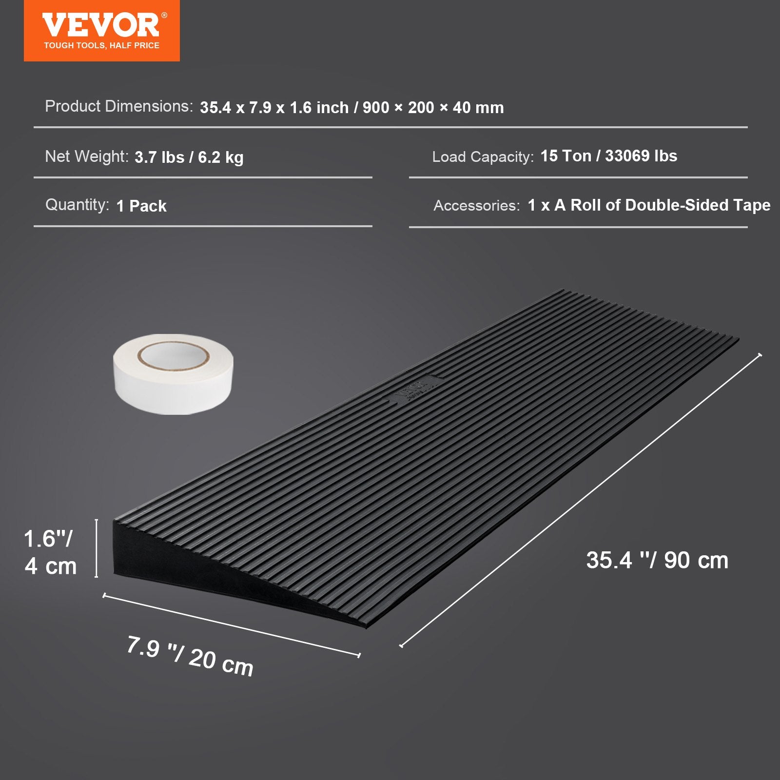 VEVOR 4 cm Rise Cuttable Threshold Ramp for Sweeping Robot, 90 cm Wide Natural Rubber Wheelchair Ramp, Non-Slip Solid Rubber Ramp with Double-Sided Tape for Doorways, Driveways, Bathroom, Smooth Tile 7