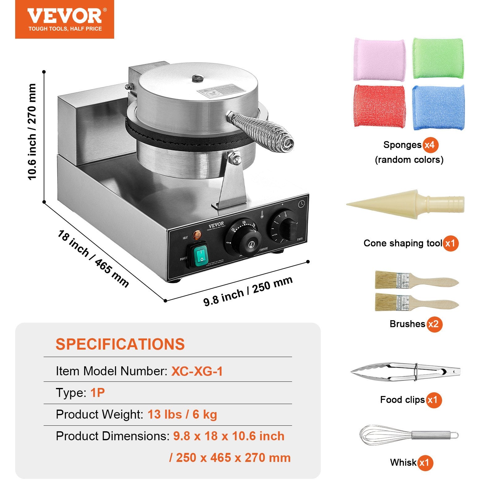 VEVOR Electric Ice Cream Cone Maker, Commercial 1230W Waffle Cone Machine, Non-Stick Stainless Steel Egg Roll Mold, with Temperature and Time Control, Handle, for Restaurant Bakery Snack Bar Family 7