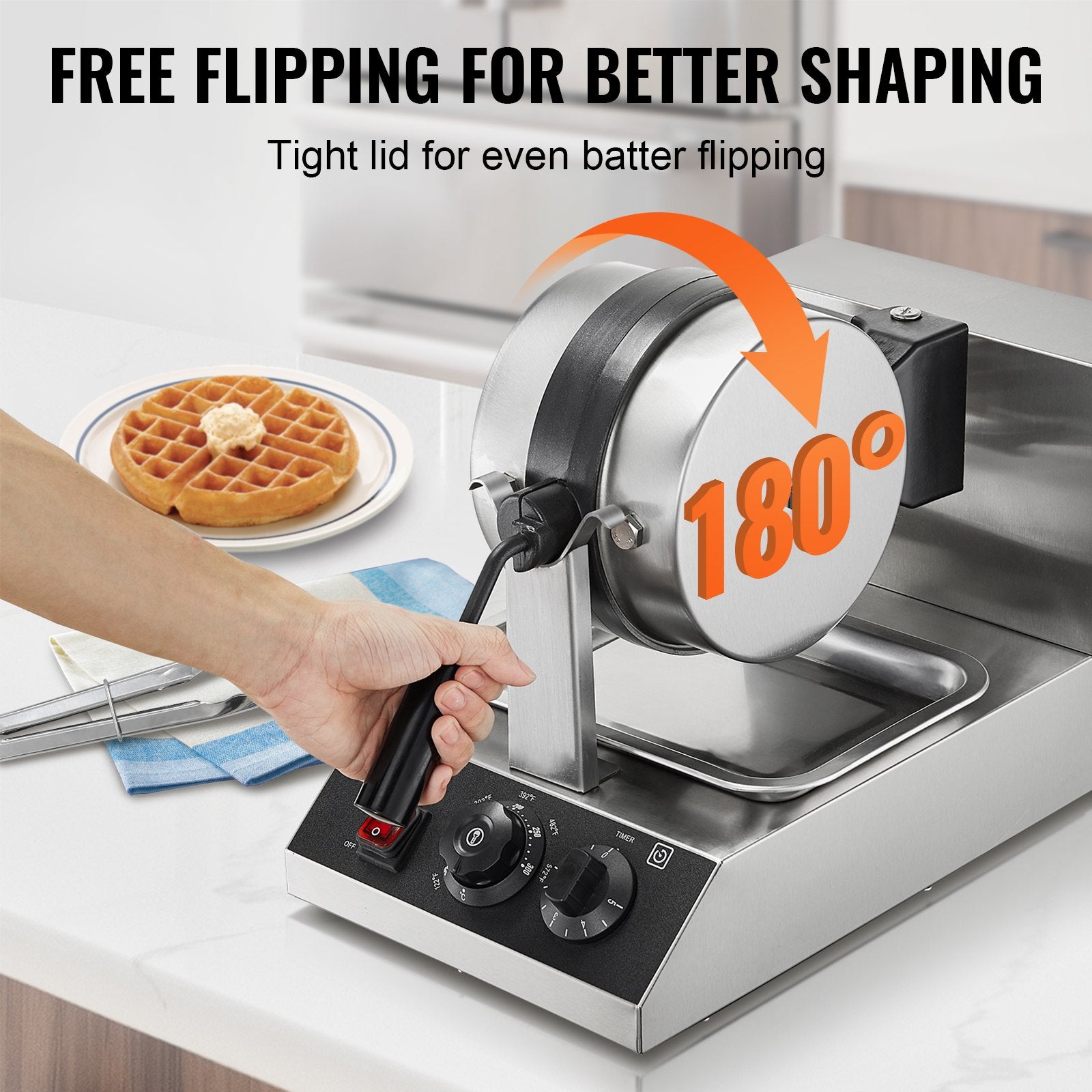 VEVOR Commercial Waffle Maker, 1300W Round Waffle Baker Machine, Non-Stick Stainless Steel Belgian Waffle Iron, Temperature and Time Control, 180° Rotatable, for Restaurant Bakery Snack Bar Family 3