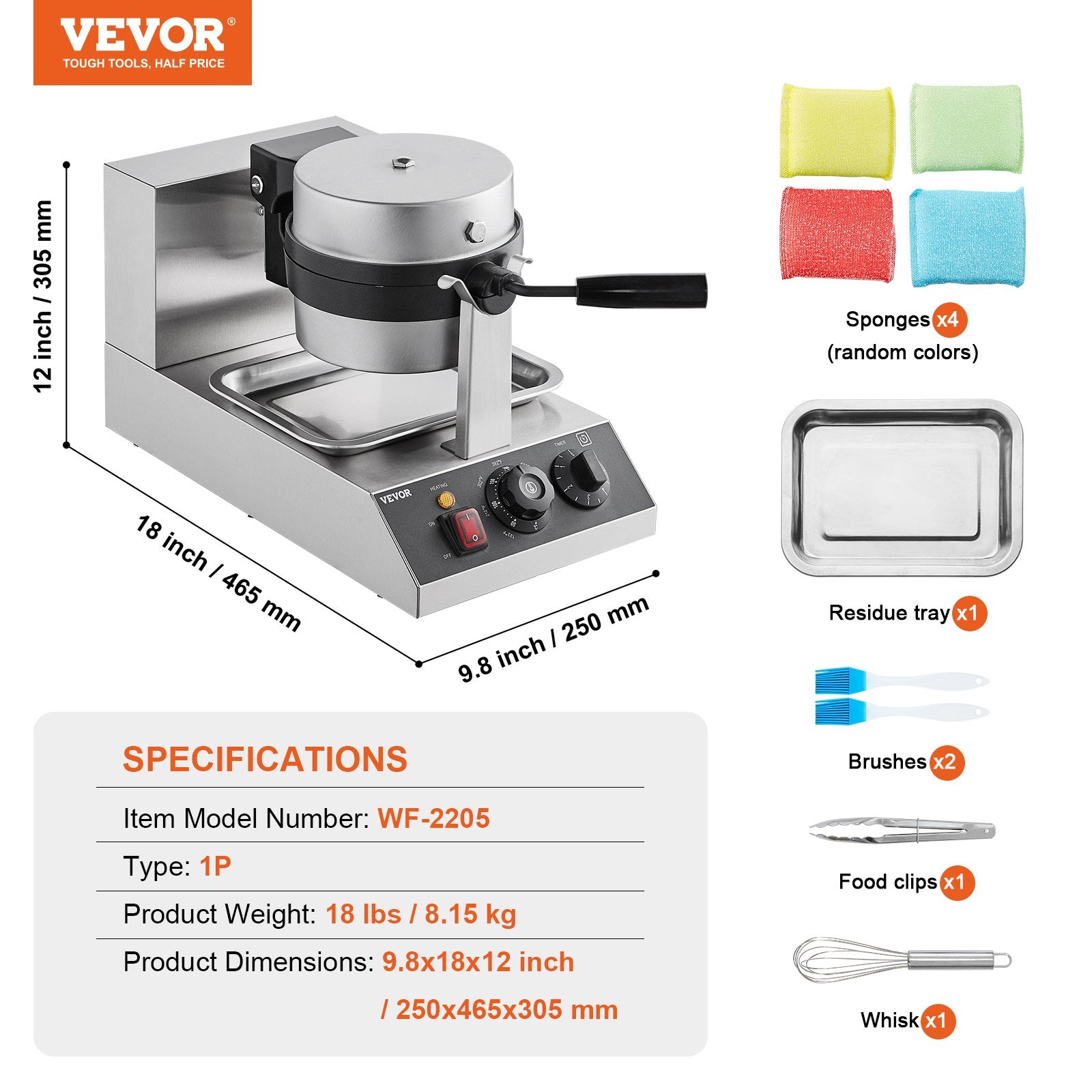 VEVOR Commercial Waffle Maker, 1300W Round Waffle Baker Machine, Non-Stick Stainless Steel Belgian Waffle Iron, Temperature and Time Control, 180° Rotatable, for Restaurant Bakery Snack Bar Family 7