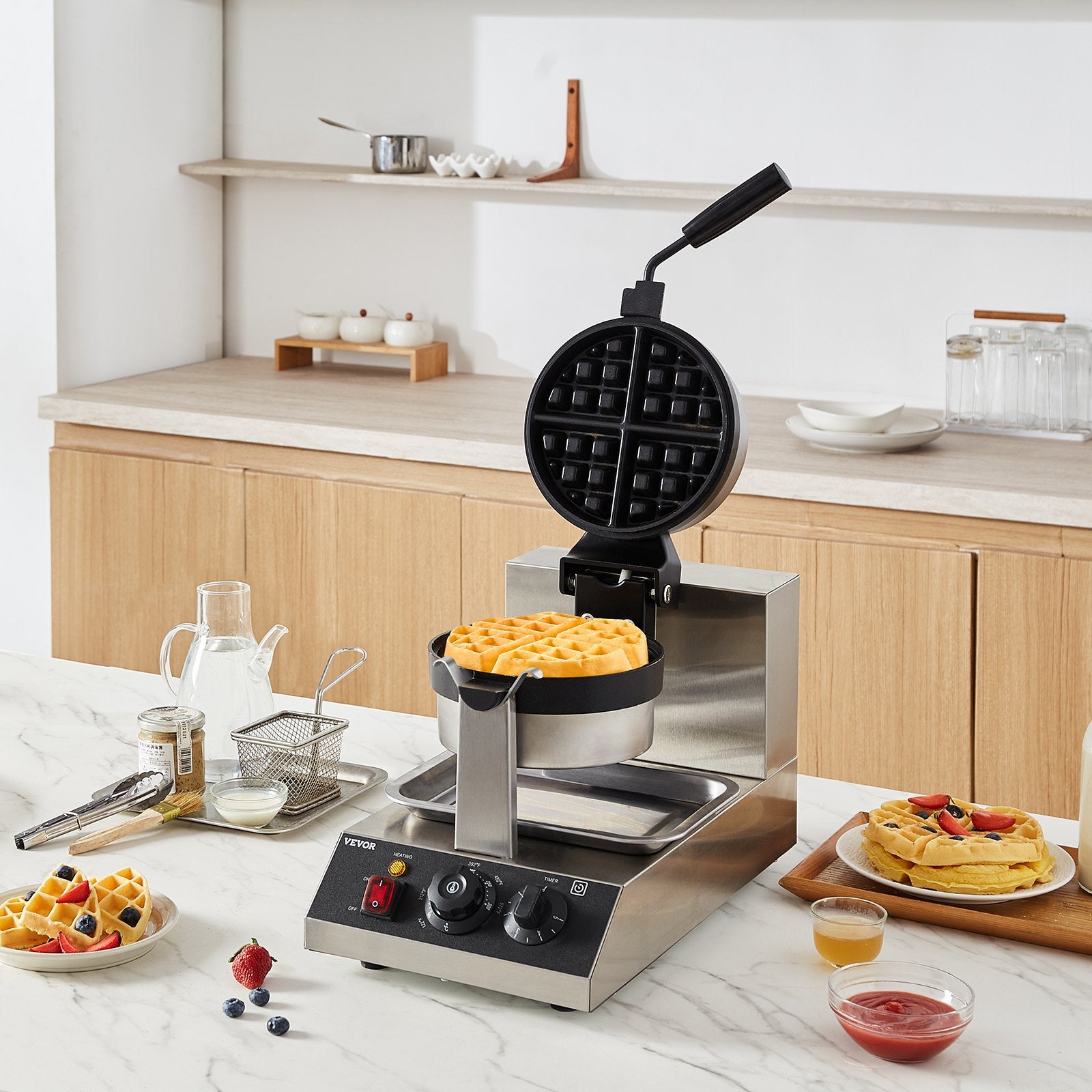 VEVOR Commercial Waffle Maker, 1300W Round Waffle Baker Machine, Non-Stick Stainless Steel Belgian Waffle Iron, Temperature and Time Control, 180° Rotatable, for Restaurant Bakery Snack Bar Family 8