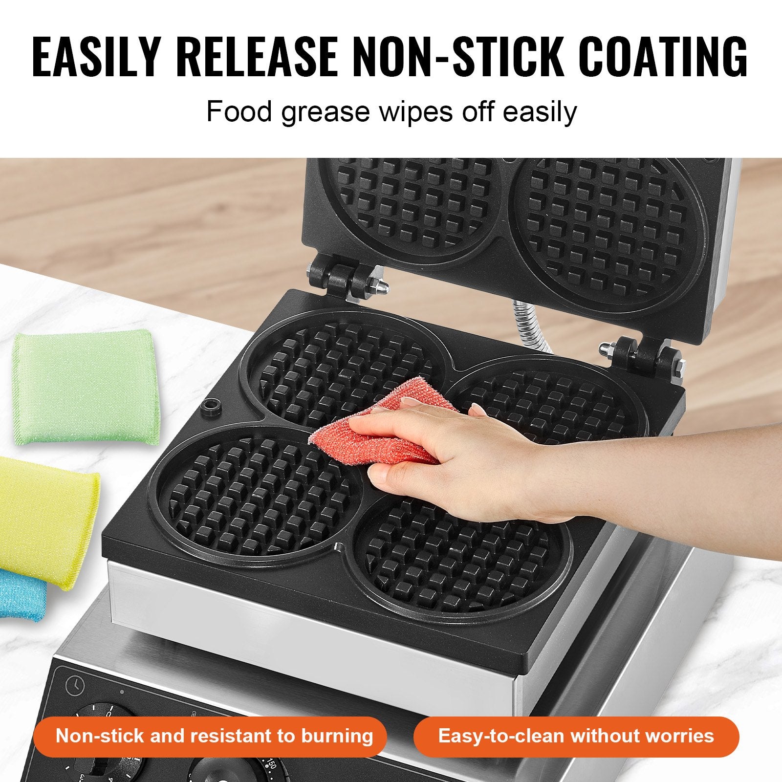 VEVOR Commercial Waffle Maker, 4PCS Round Waffle Baker Machine,1750W Non-Stick Stainless Steel Belgian Waffle Iron with Temperature and Time Control, for Restaurant Bakery Snack Bar Family 4