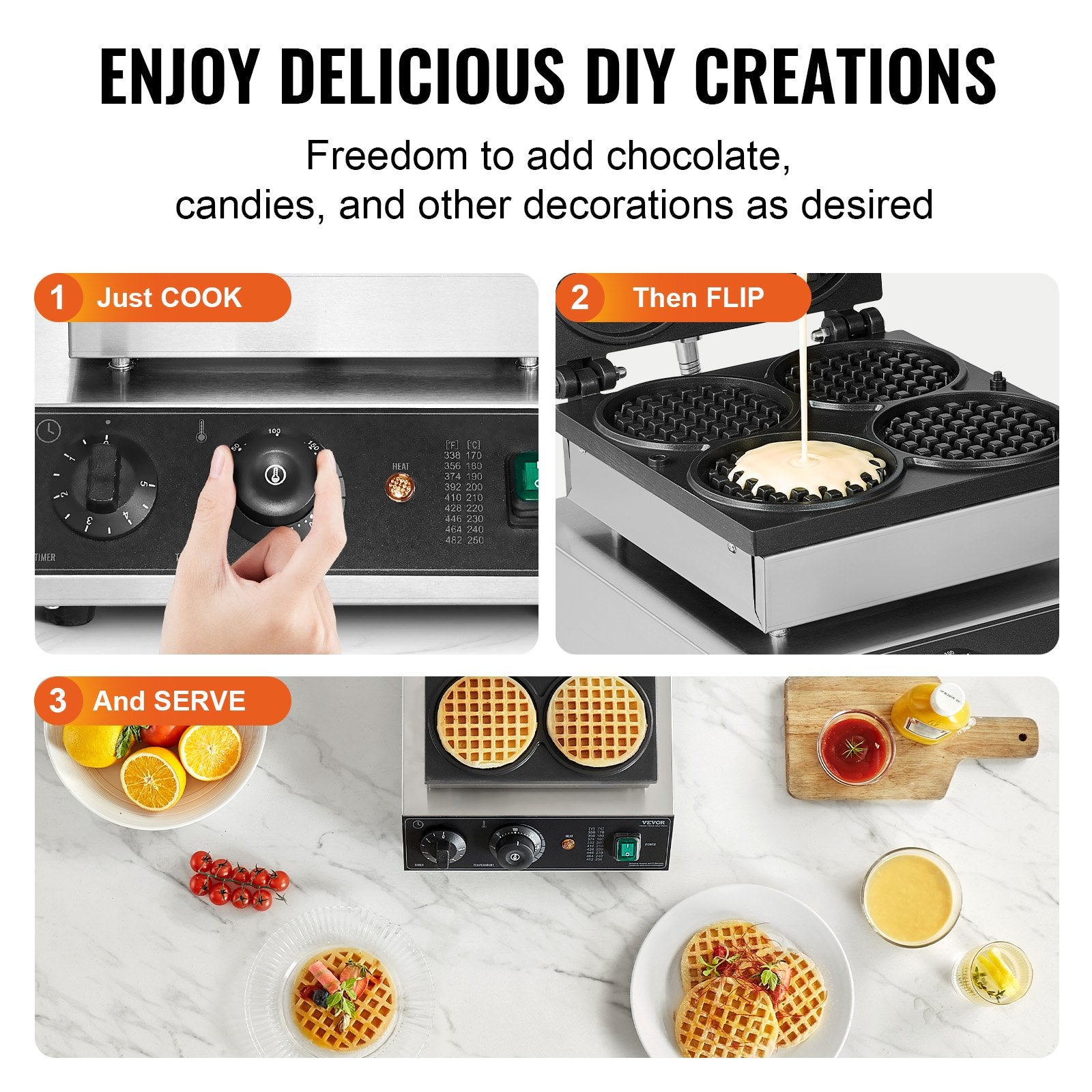 VEVOR Commercial Waffle Maker, 4PCS Round Waffle Baker Machine,1750W Non-Stick Stainless Steel Belgian Waffle Iron with Temperature and Time Control, for Restaurant Bakery Snack Bar Family 6