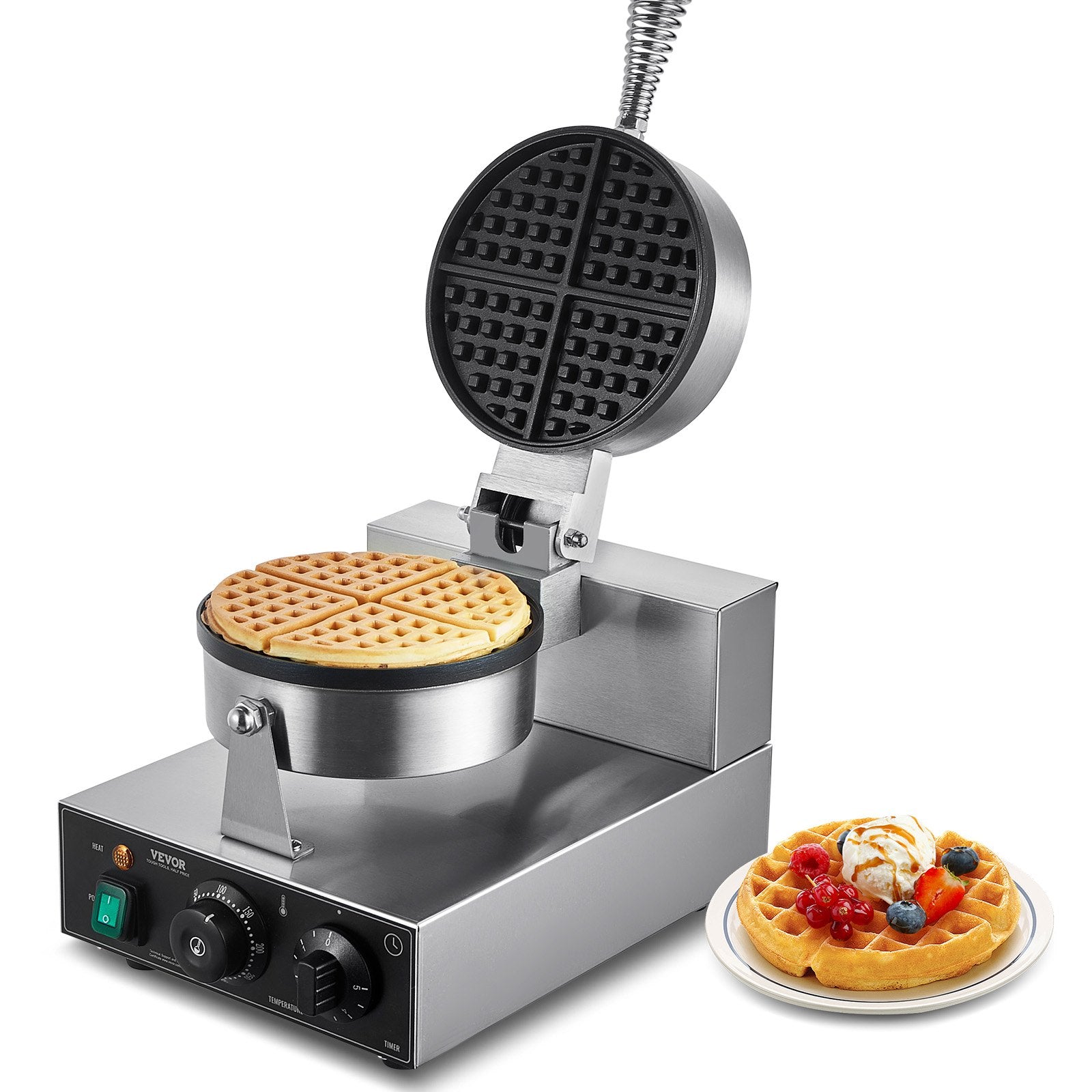 VEVOR Commercial Waffle Maker, 1230W Round Waffle Baker Machine, Non-Stick Stainless Steel Belgian Waffle Iron with Temperature and Time Control, Handle, for Restaurant Bakery Snack Bar Family