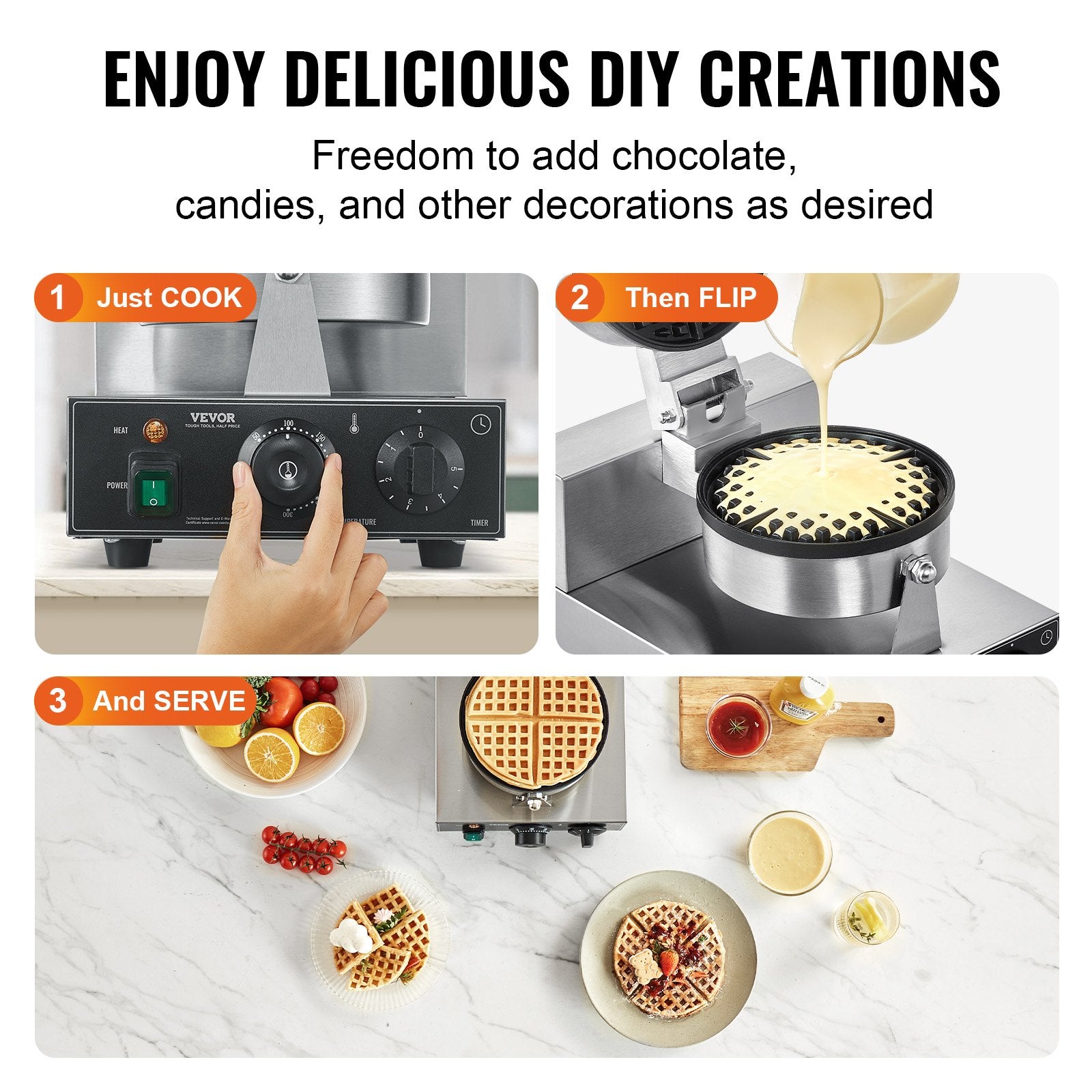 VEVOR Commercial Waffle Maker, 1230W Round Waffle Baker Machine, Non-Stick Stainless Steel Belgian Waffle Iron with Temperature and Time Control, Handle, for Restaurant Bakery Snack Bar Family 6