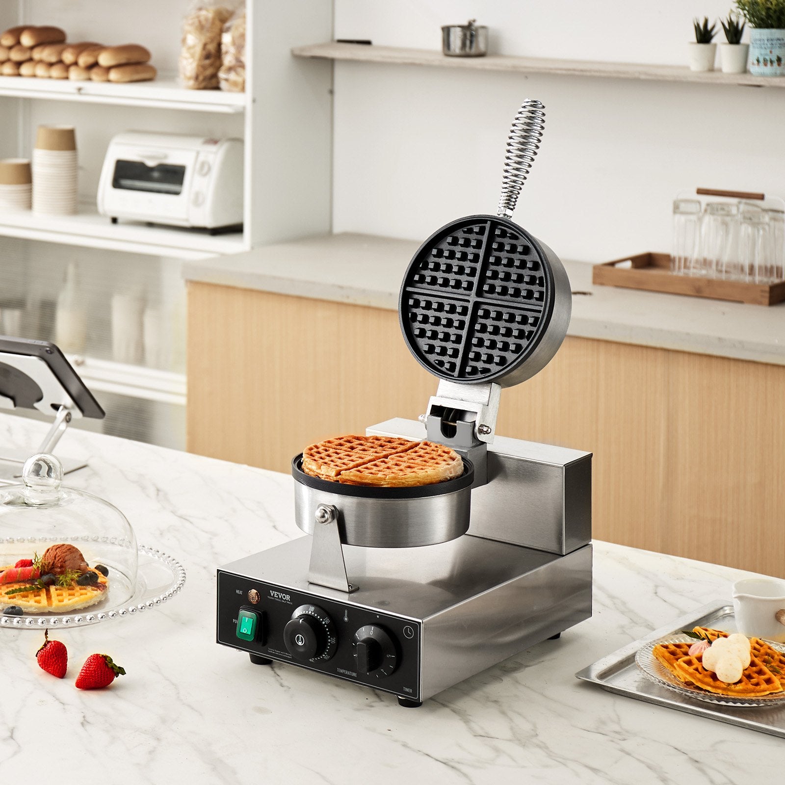 VEVOR Commercial Waffle Maker, 1230W Round Waffle Baker Machine, Non-Stick Stainless Steel Belgian Waffle Iron with Temperature and Time Control, Handle, for Restaurant Bakery Snack Bar Family 8