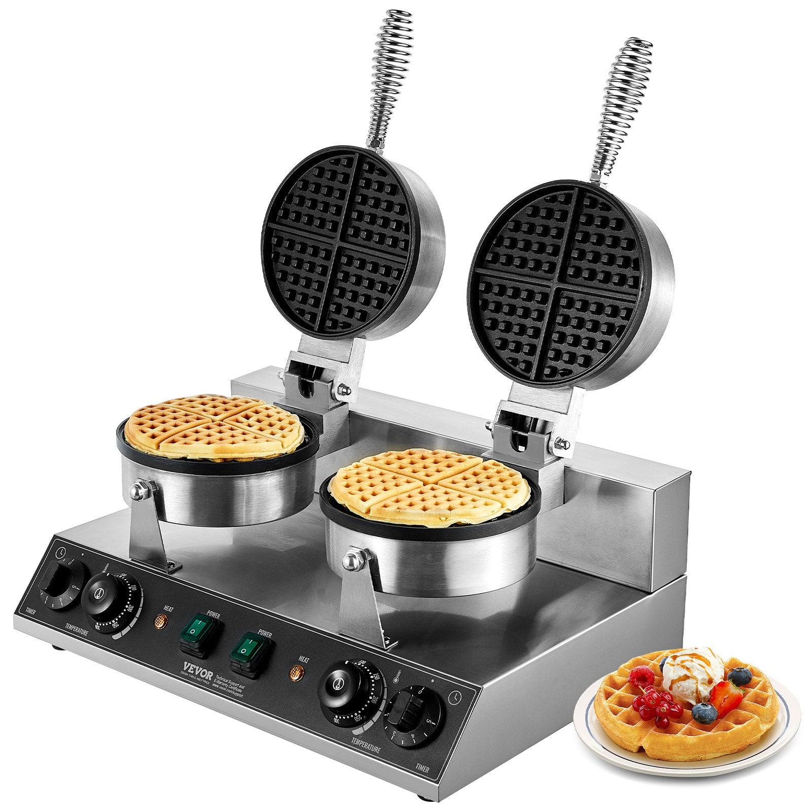 VEVOR Commercial Waffle Maker, Dual-Head Round Waffle Baker Machine, 2460W Non-Stick Stainless Steel Belgian Waffle Iron with Temp and Time Control, Handle, for Restaurant Bakery Snack Bar Family
