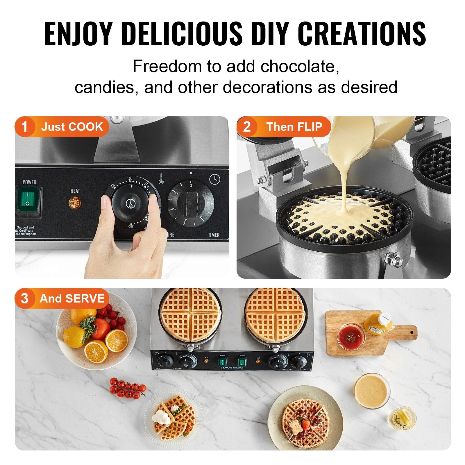VEVOR Commercial Waffle Maker, Dual-Head Round Waffle Baker Machine, 2460W Non-Stick Stainless Steel Belgian Waffle Iron with Temp and Time Control, Handle, for Restaurant Bakery Snack Bar Family 6
