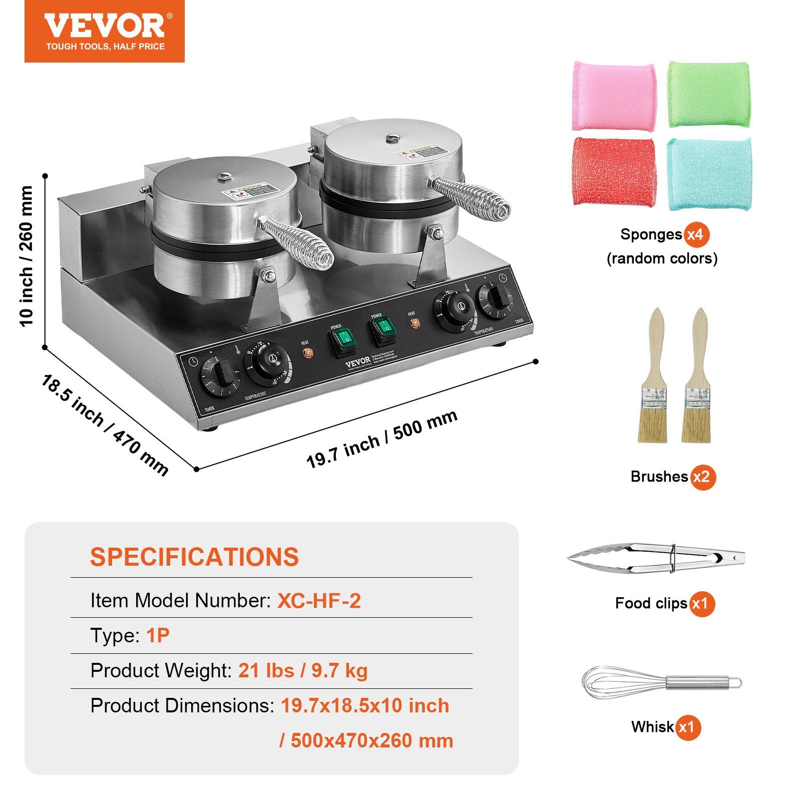 VEVOR Commercial Waffle Maker, Dual-Head Round Waffle Baker Machine, 2460W Non-Stick Stainless Steel Belgian Waffle Iron with Temp and Time Control, Handle, for Restaurant Bakery Snack Bar Family 7