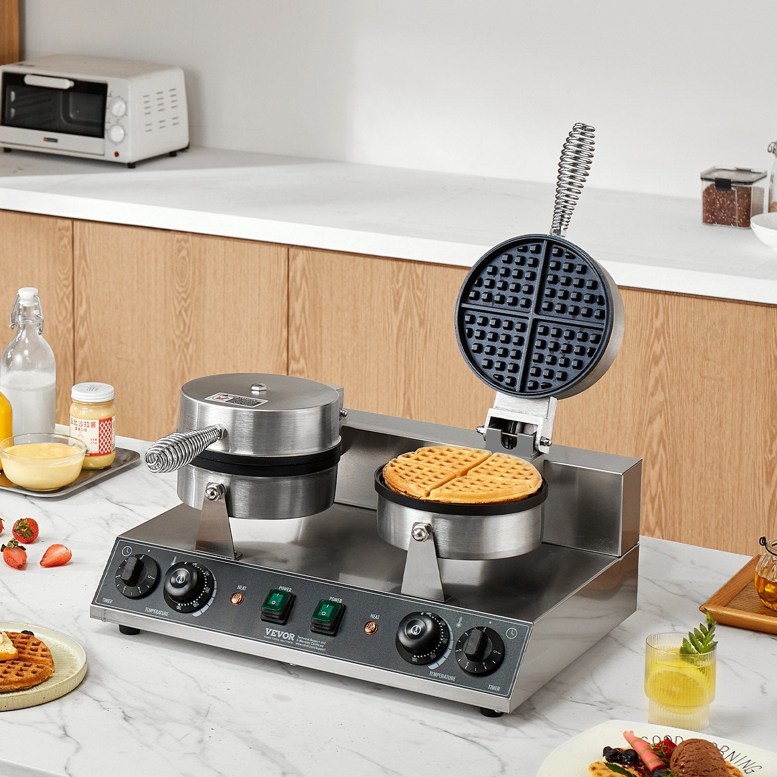 VEVOR Commercial Waffle Maker, Dual-Head Round Waffle Baker Machine, 2460W Non-Stick Stainless Steel Belgian Waffle Iron with Temp and Time Control, Handle, for Restaurant Bakery Snack Bar Family 8