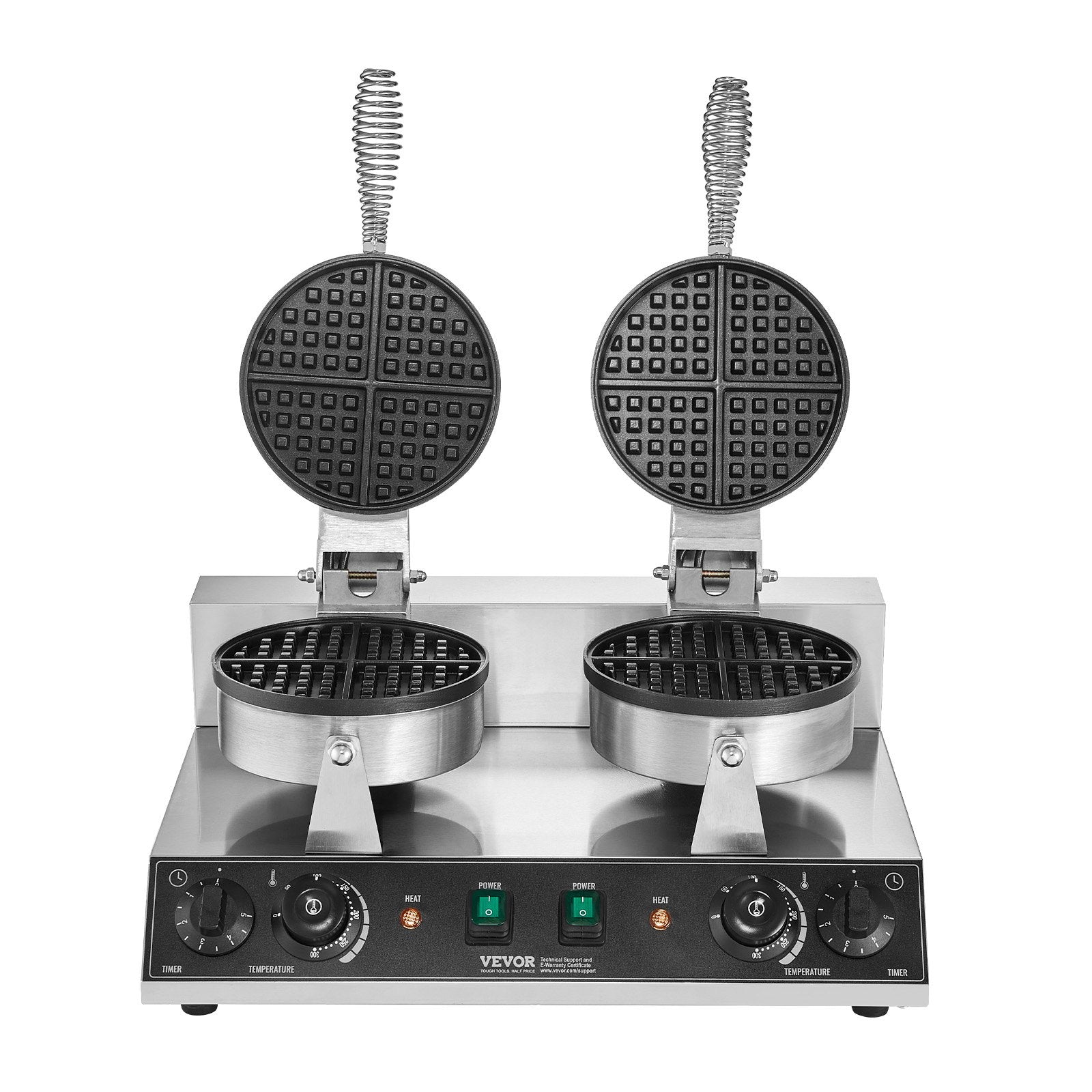 VEVOR Commercial Waffle Maker, Dual-Head Round Waffle Baker Machine, 2460W Non-Stick Stainless Steel Belgian Waffle Iron with Temp and Time Control, Handle, for Restaurant Bakery Snack Bar Family 11