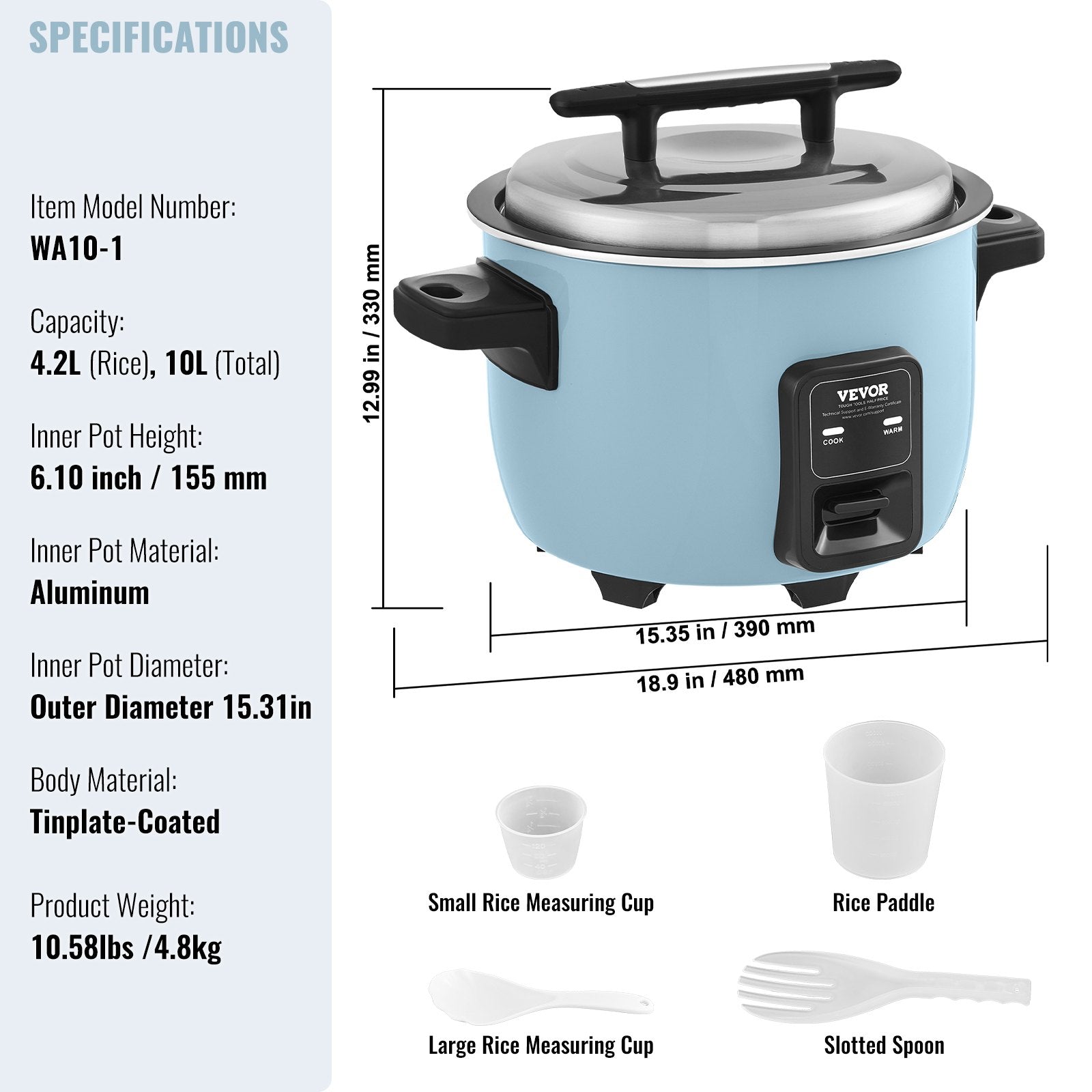 VEVOR Commercial Rice Cooker, 50-Cup Rice Cooker, 10 Liter Large Rice Cooker and Warmer with Nonstick Inner Pot, Fast Cooking and 24-Hour Keep Warm, with Rice Cup and Paddle, for Restaurant 7