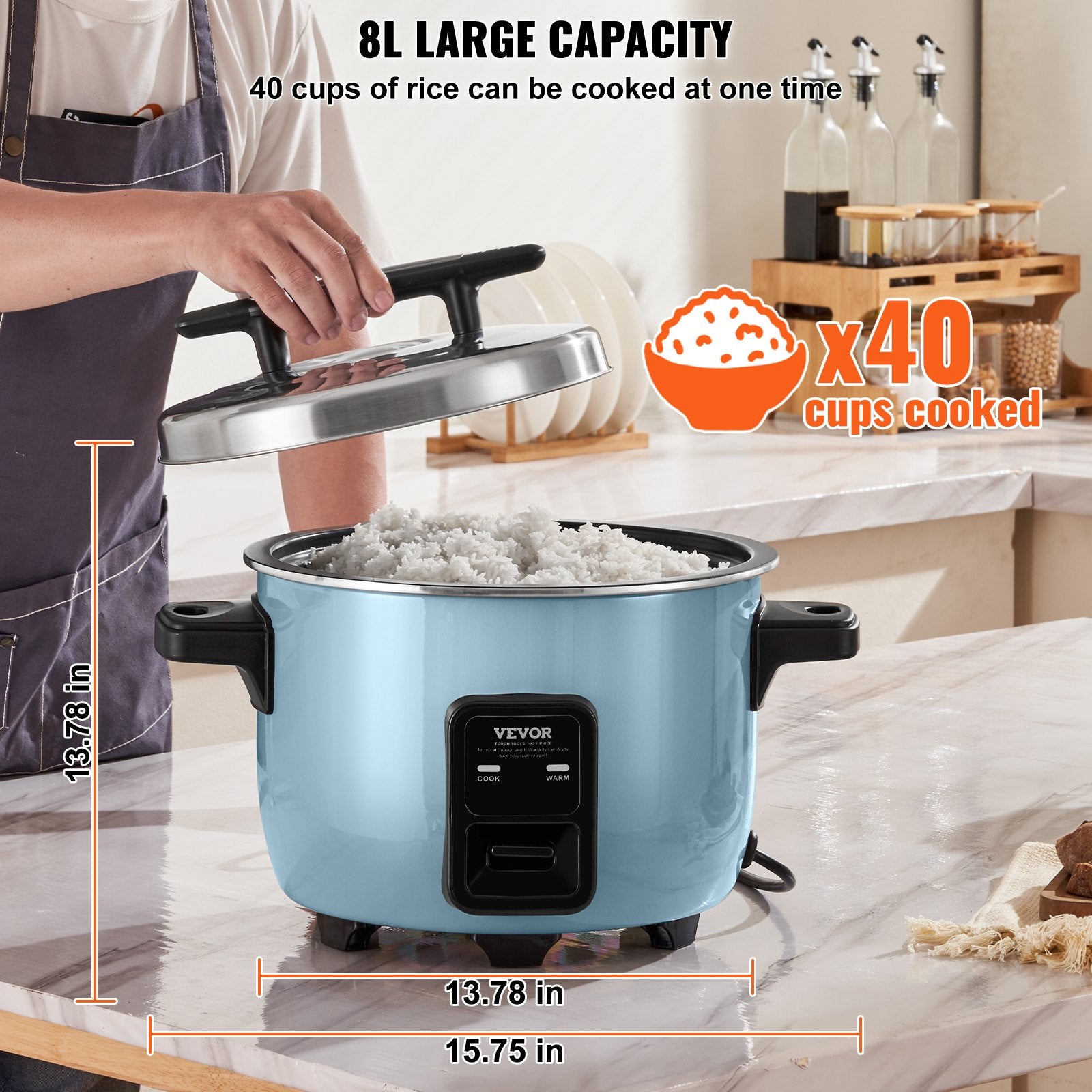 VEVOR Commercial Rice Cooker, 40-Cup Rice Cooker, 8 Liter Large Rice Cooker and Warmer with Nonstick Inner Pot, Fast Cooking and 24-Hour Keep Warm, with Rice Cup and Paddle, for Restaurant 3