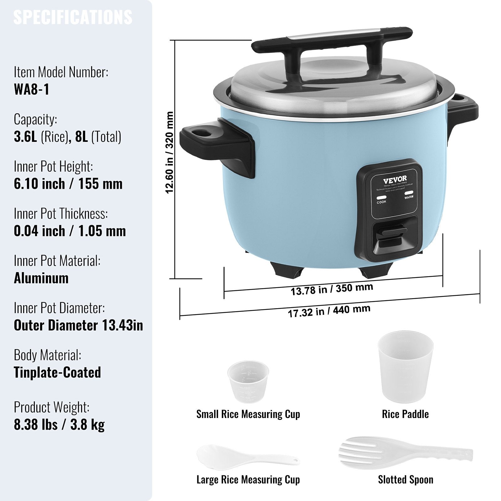 VEVOR Commercial Rice Cooker, 40-Cup Rice Cooker, 8 Liter Large Rice Cooker and Warmer with Nonstick Inner Pot, Fast Cooking and 24-Hour Keep Warm, with Rice Cup and Paddle, for Restaurant 7