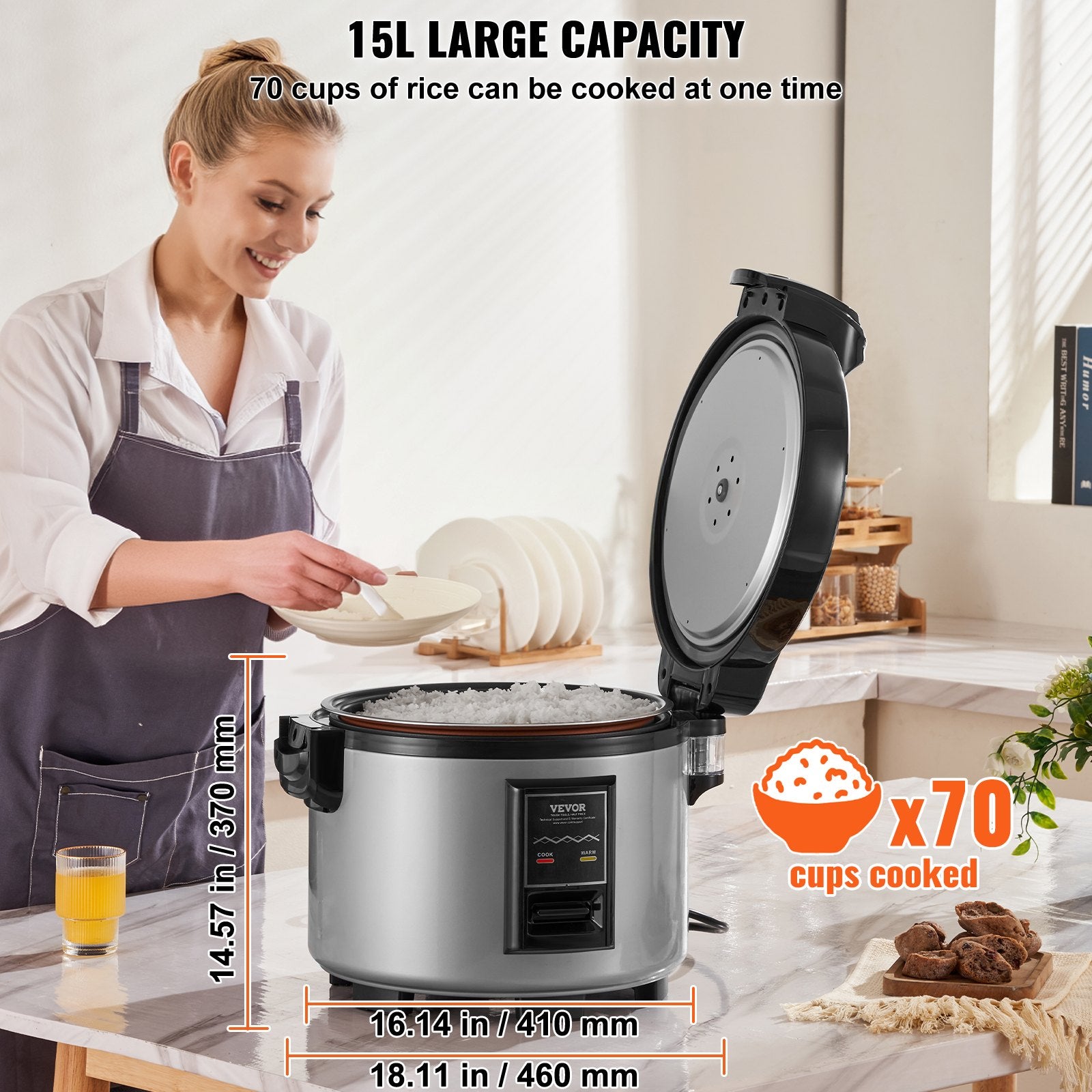 VEVOR Commercial Rice Cooker, 70-Cup Rice Cooker, 15 Liter Large Rice Cooker and Warmer with Nonstick Inner Pot, Fast Cooking and 12-Hour Keep Warm, with Rice Cup and Paddle, for Restaurant 3