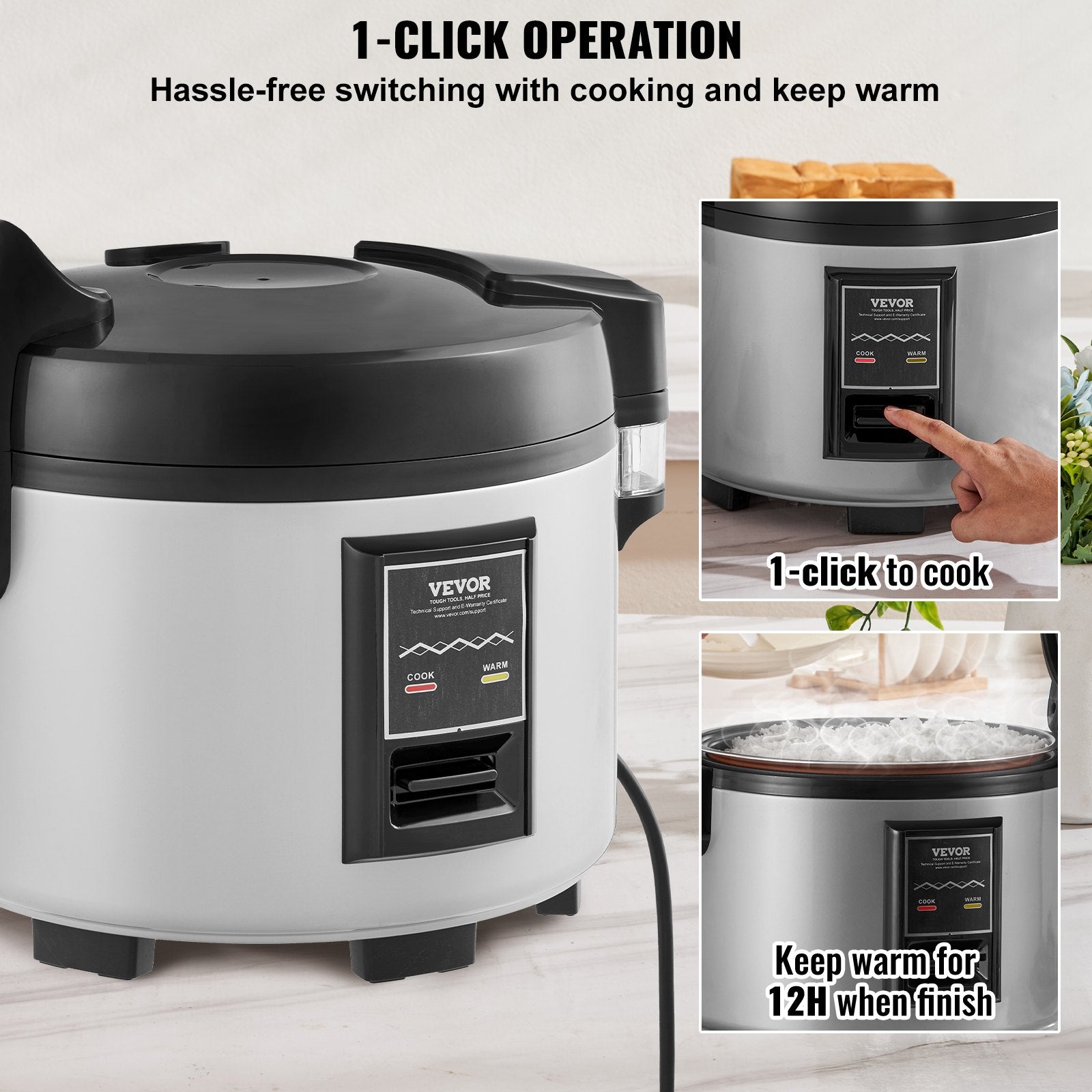 VEVOR Commercial Rice Cooker, 70-Cup Rice Cooker, 15 Liter Large Rice Cooker and Warmer with Nonstick Inner Pot, Fast Cooking and 12-Hour Keep Warm, with Rice Cup and Paddle, for Restaurant 6