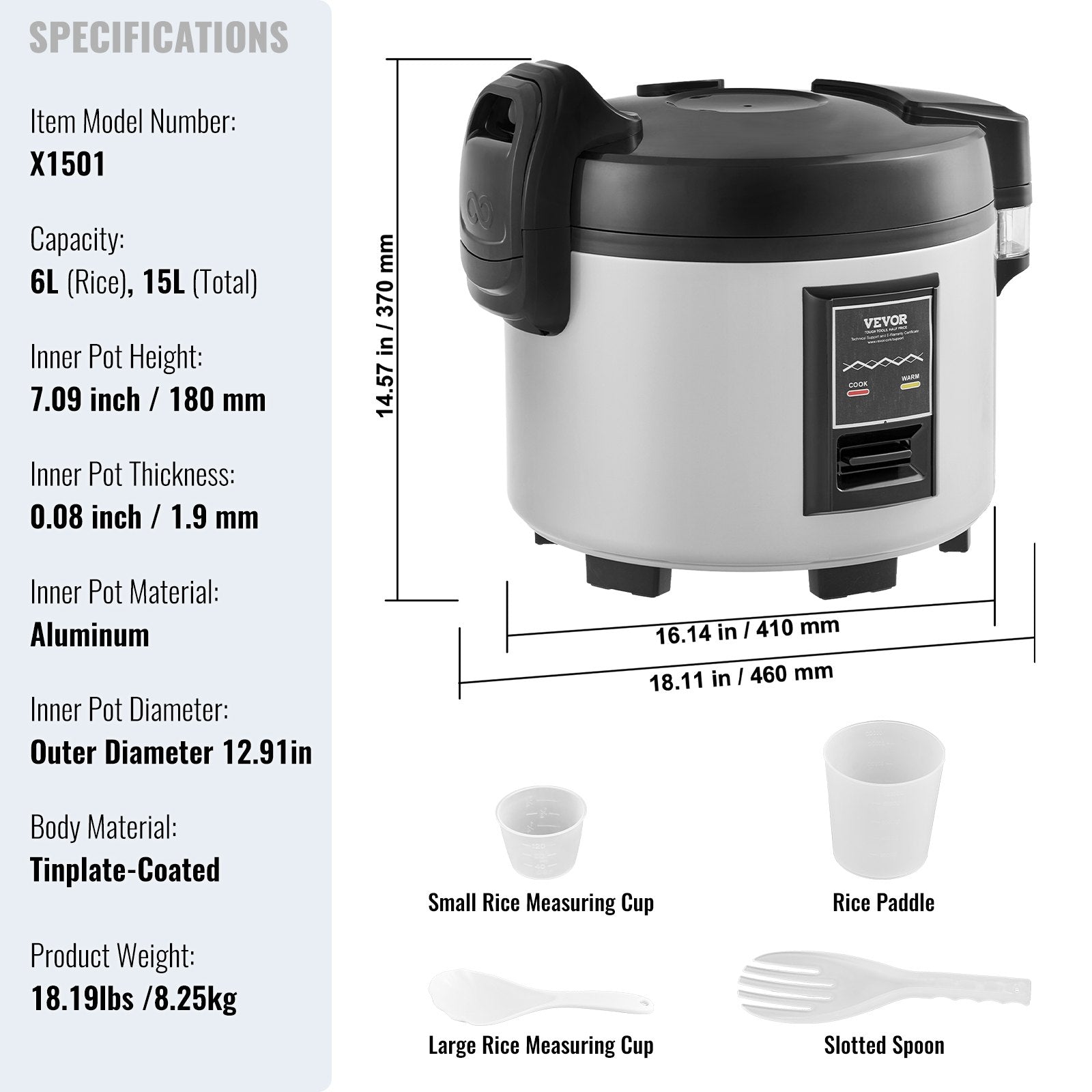 VEVOR Commercial Rice Cooker, 70-Cup Rice Cooker, 15 Liter Large Rice Cooker and Warmer with Nonstick Inner Pot, Fast Cooking and 12-Hour Keep Warm, with Rice Cup and Paddle, for Restaurant 7