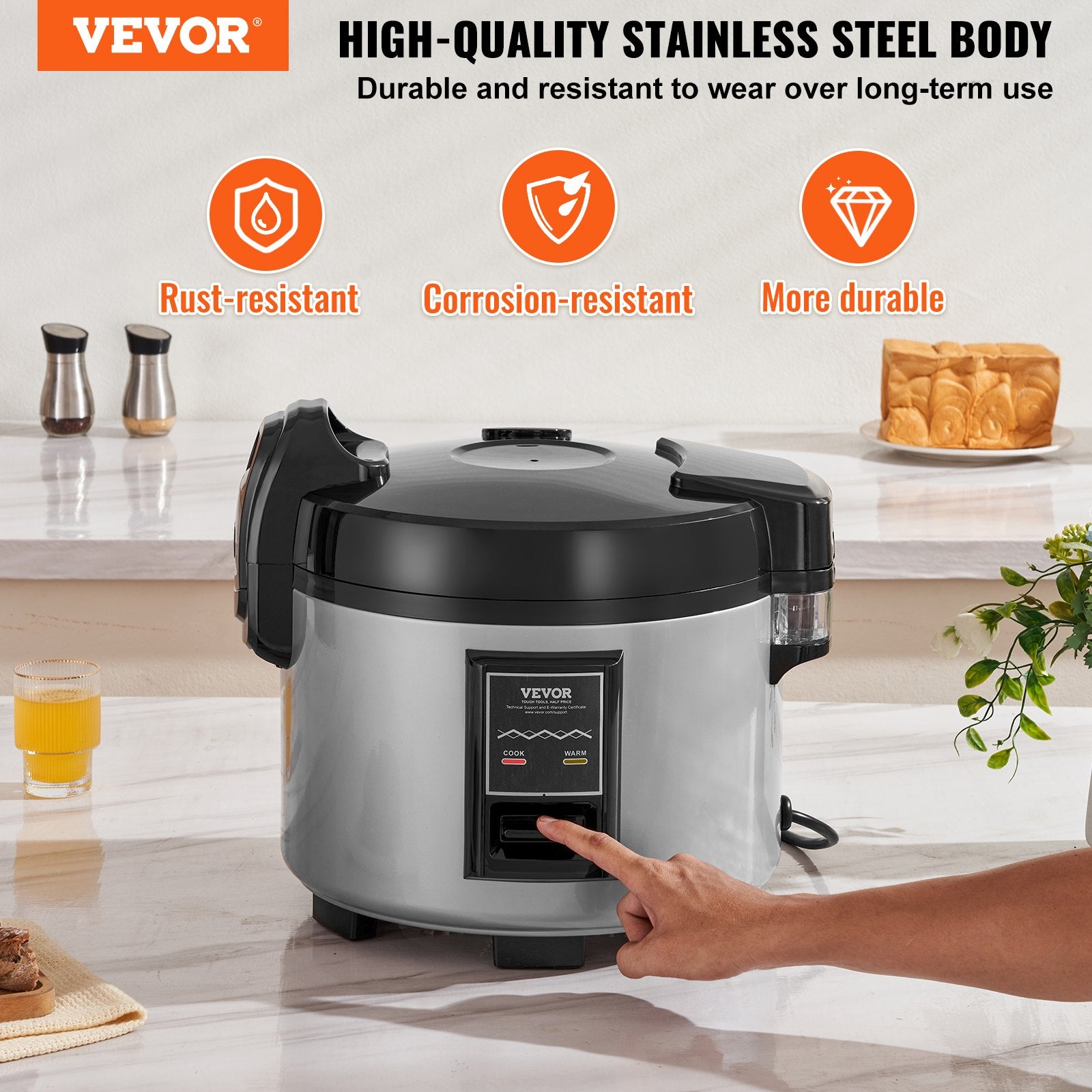 VEVOR Commercial Rice Cooker, 45-Cup Rice Cooker, 9 Liter Large Rice Cooker and Warmer with Nonstick Inner Pot, Fast Cooking and 12-Hour Keep Warm, with Rice Cup and Paddle, for Restaurant