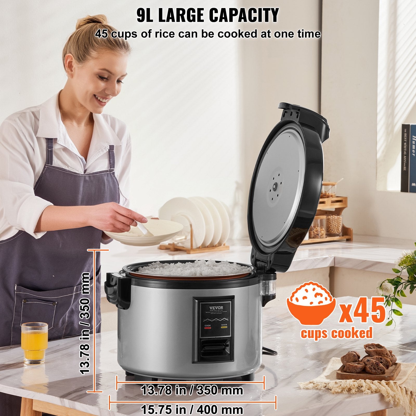VEVOR Commercial Rice Cooker, 45-Cup Rice Cooker, 9 Liter Large Rice Cooker and Warmer with Nonstick Inner Pot, Fast Cooking and 12-Hour Keep Warm, with Rice Cup and Paddle, for Restaurant 3